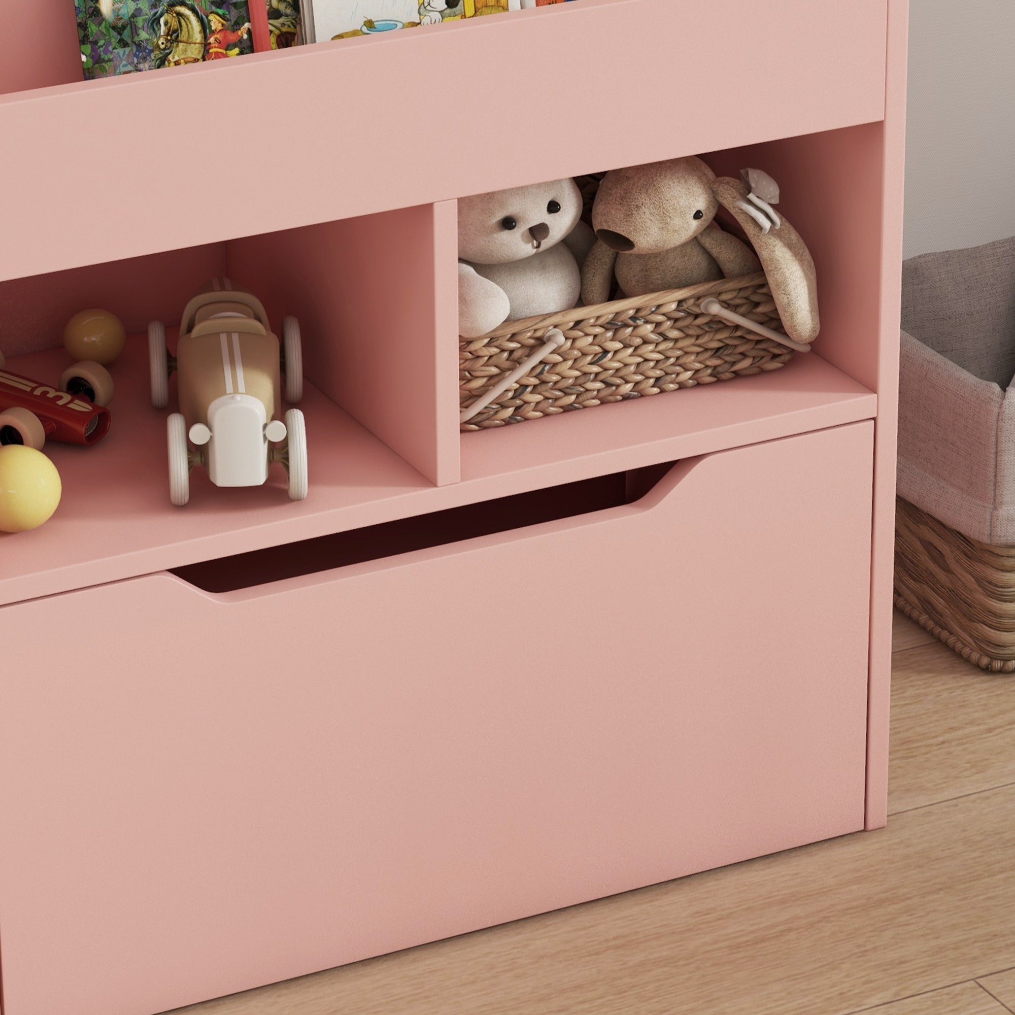 HOMCOM Kids Bookshelf, Toy Organiser, with Storage Drawer, Wheels - Pink - North Peak Garden Furniture
