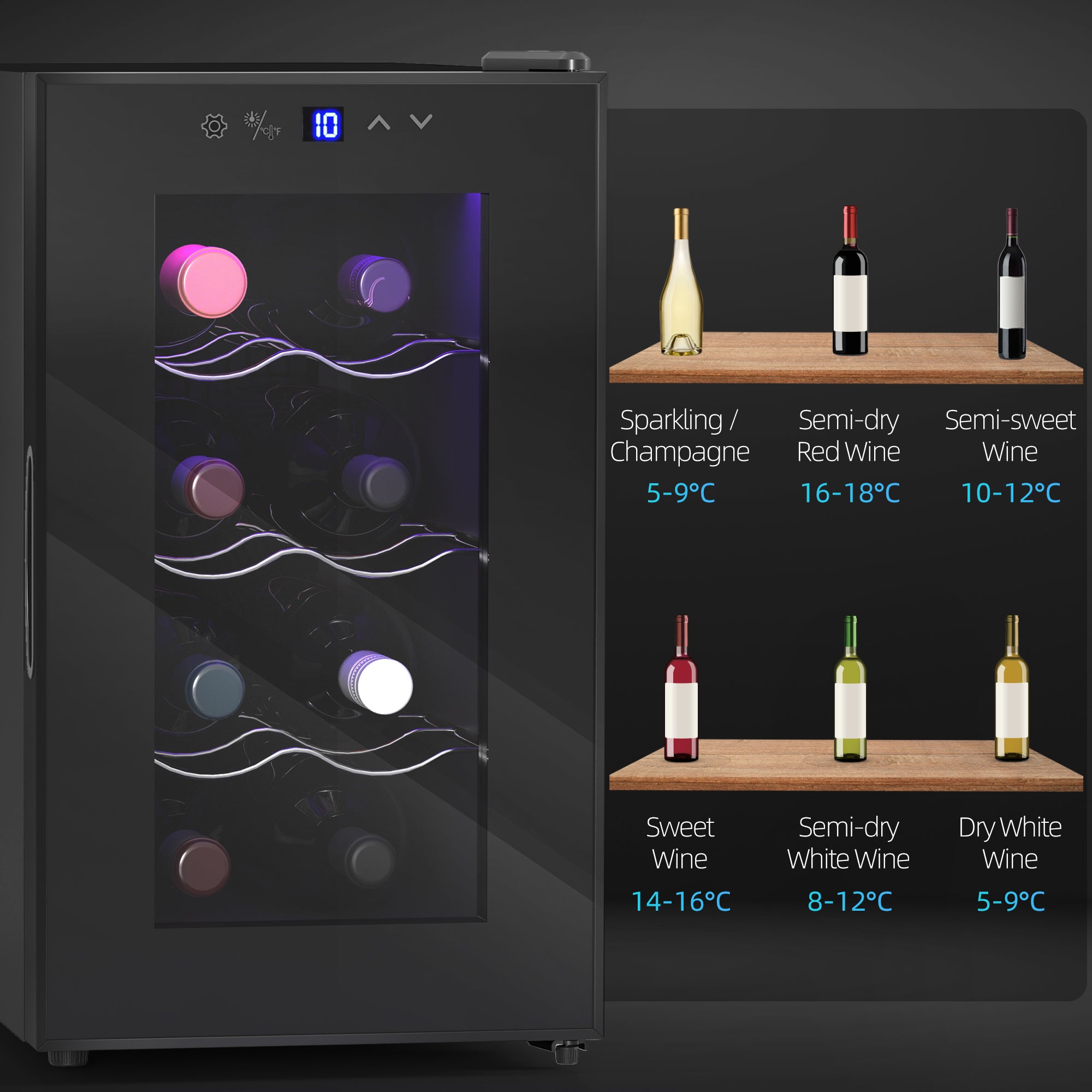 HOMCOM Mini Freestanding Wine Cooler Fridge, 8 Bottle, 21L, 26.5cm Quiet Thermoelectric Under Counter Drinks Beer Wine Fridge with Glass Door, LED Light, Digital Touch Screen, Temperature Control - North Peak Garden Furniture