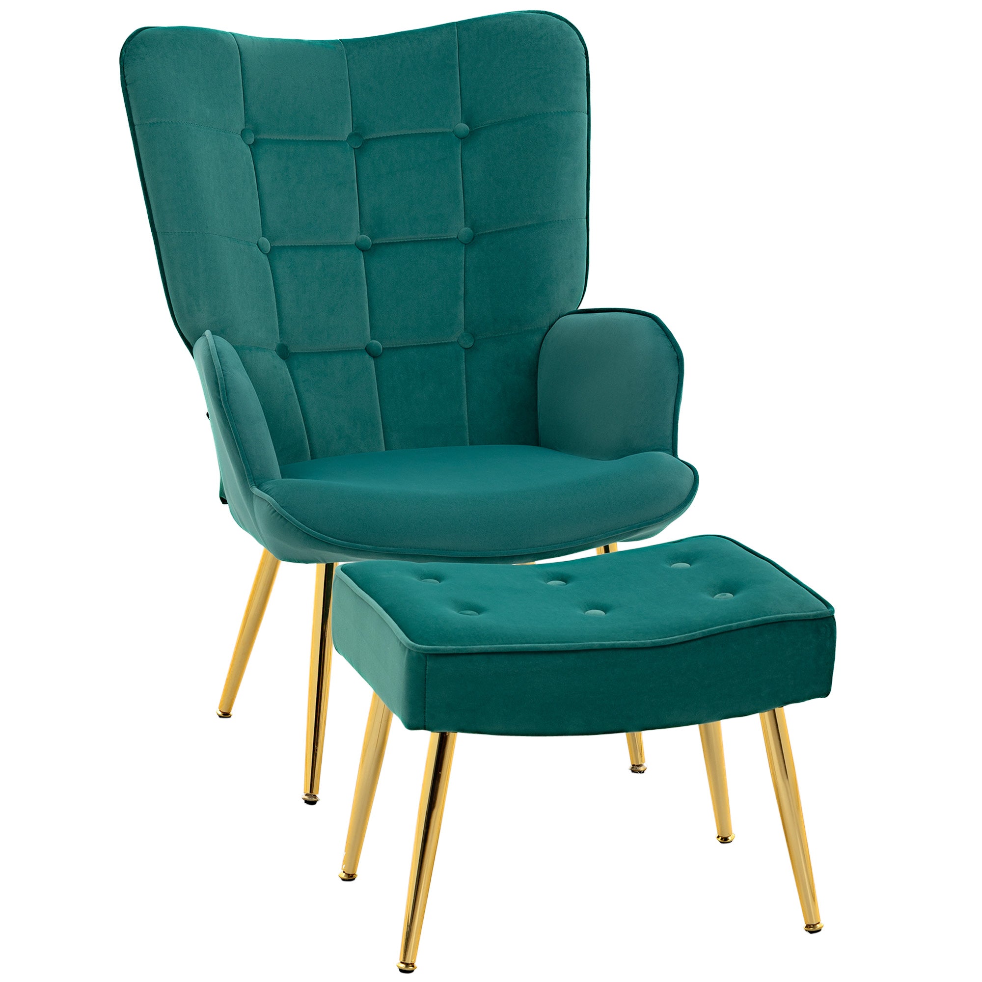 HOMCOM Modern Armchair with Footstool, Upholstered Accent Chair with Ottoman, Steel Legs, Velvet Wingback Chair for Living Room, Bedroom, Home Study, Dark Green - North Peak Garden Furniture