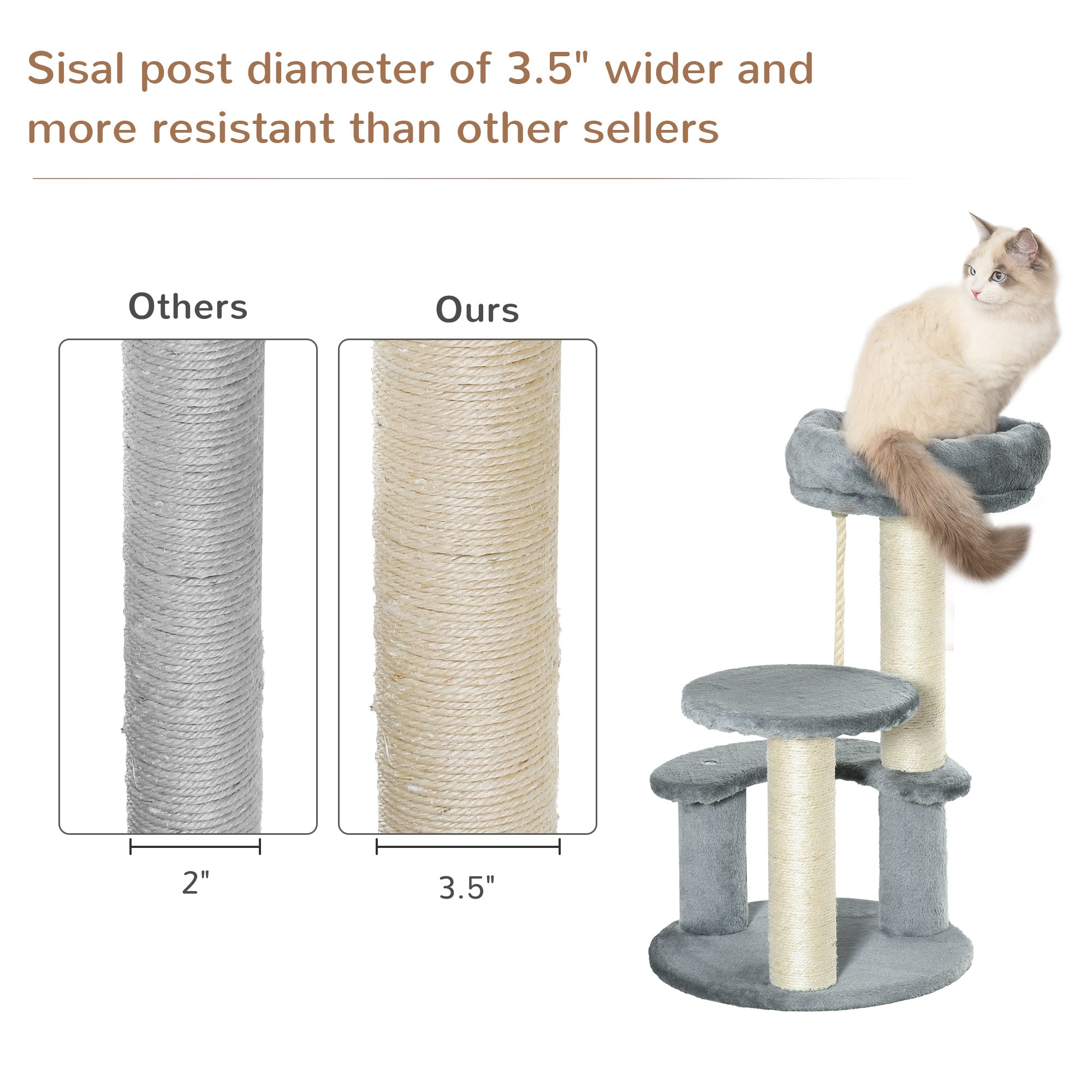 PawHut 65cm Cat Tree, Cat Tower for Kittens, Small Cat Condo with Sisal Scratching Posts, Hanging Rope, Perches - Grey