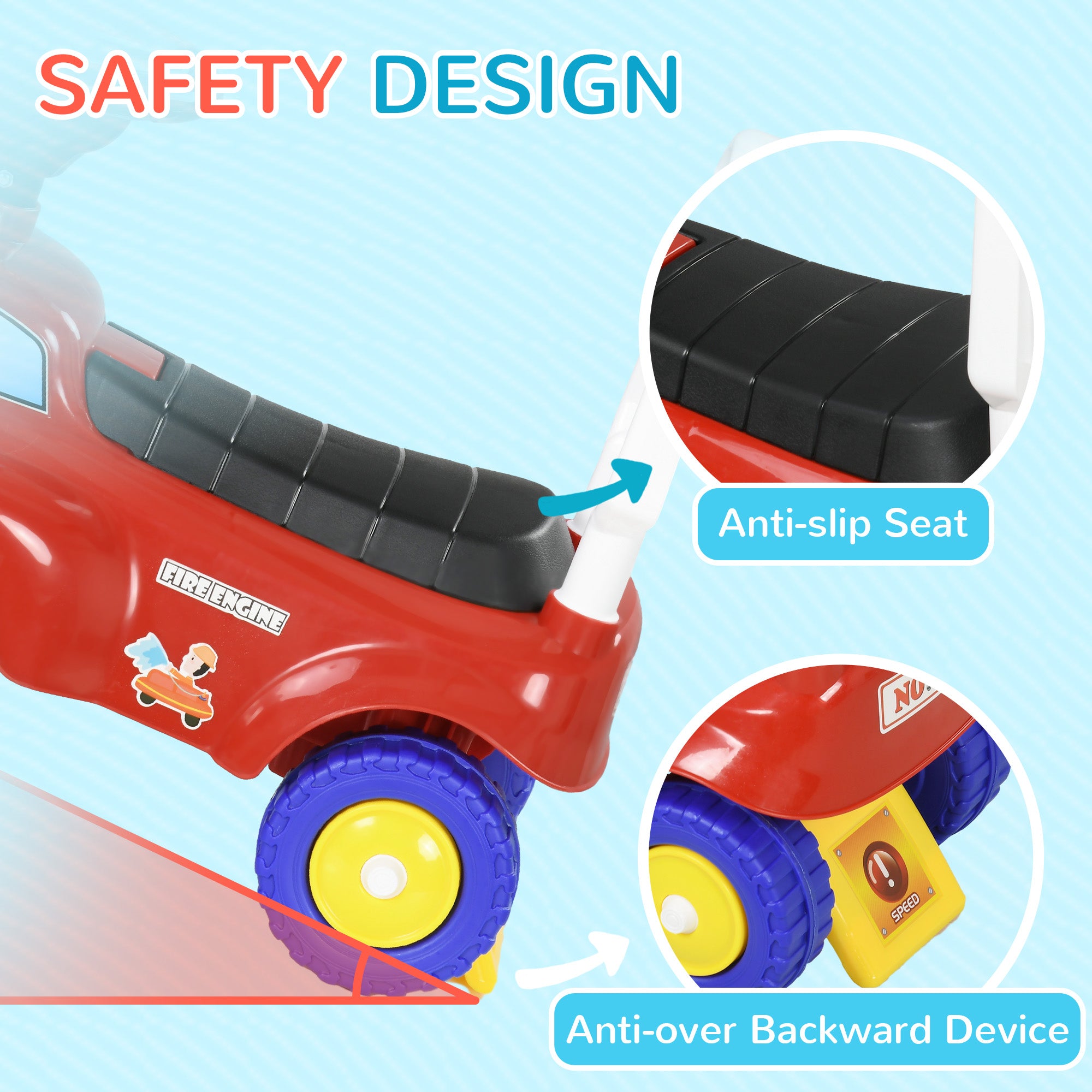AIYAPLAY Ride On Fire Truck Foot to Floor Design with Under Seat Storage, Steering Wheel, Music, Light, for 1.5-3 Years, Red - North Peak Garden Furniture