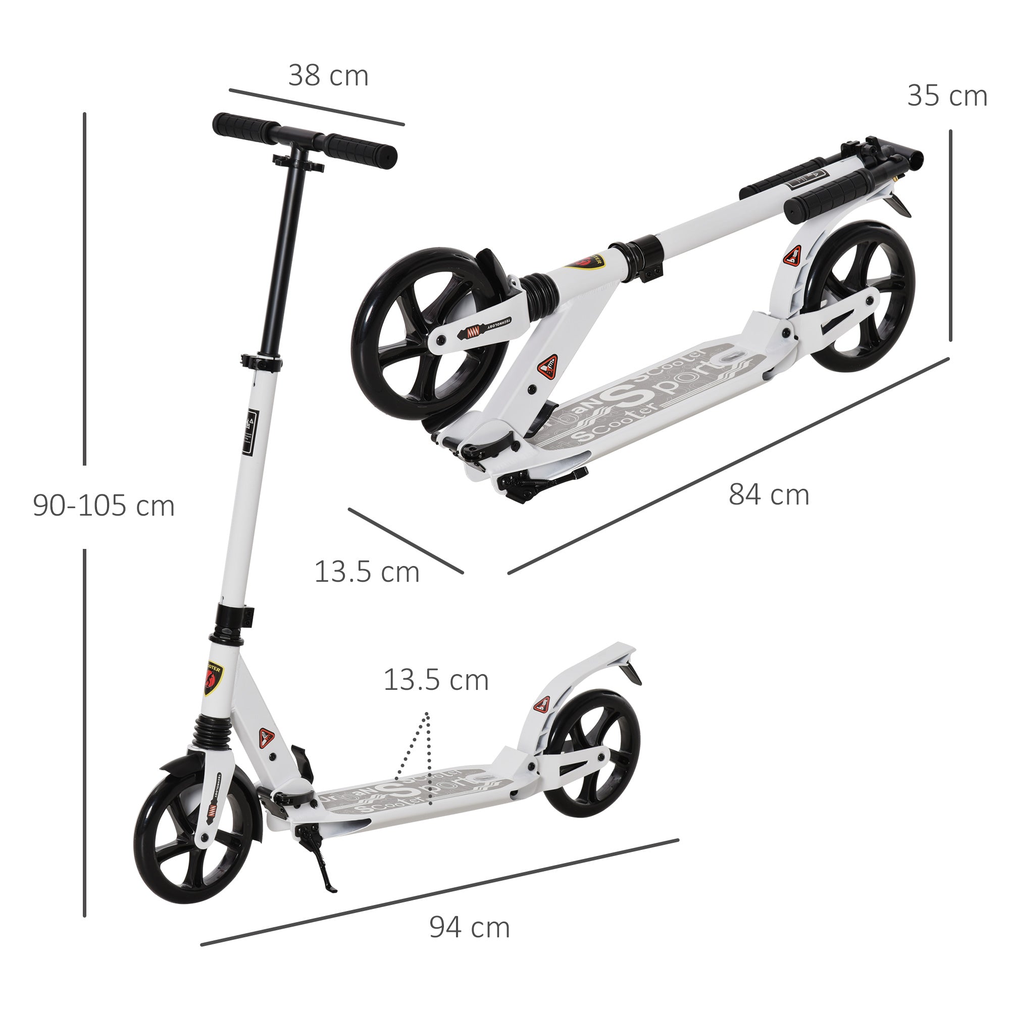 HOMCOM Folding Kick Scooter 2 Big Wheels Teens Adult 14+ Adjustable Ride On White - North Peak Garden Furniture
