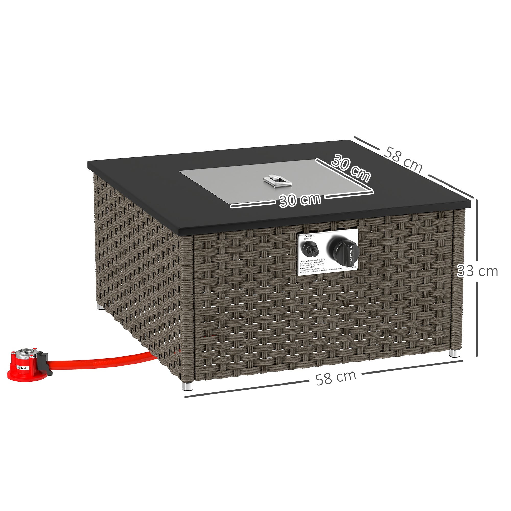 Outsunny Rattan Gas Fire Pit Table for Garden, 13 KW Smokeless Propane Fire Pit with Lid, Square Garden Coffee Table with Patio Heater for Outdoor, Patio, 58 x 58 x 33 cm, Grey - North Peak Garden Furniture