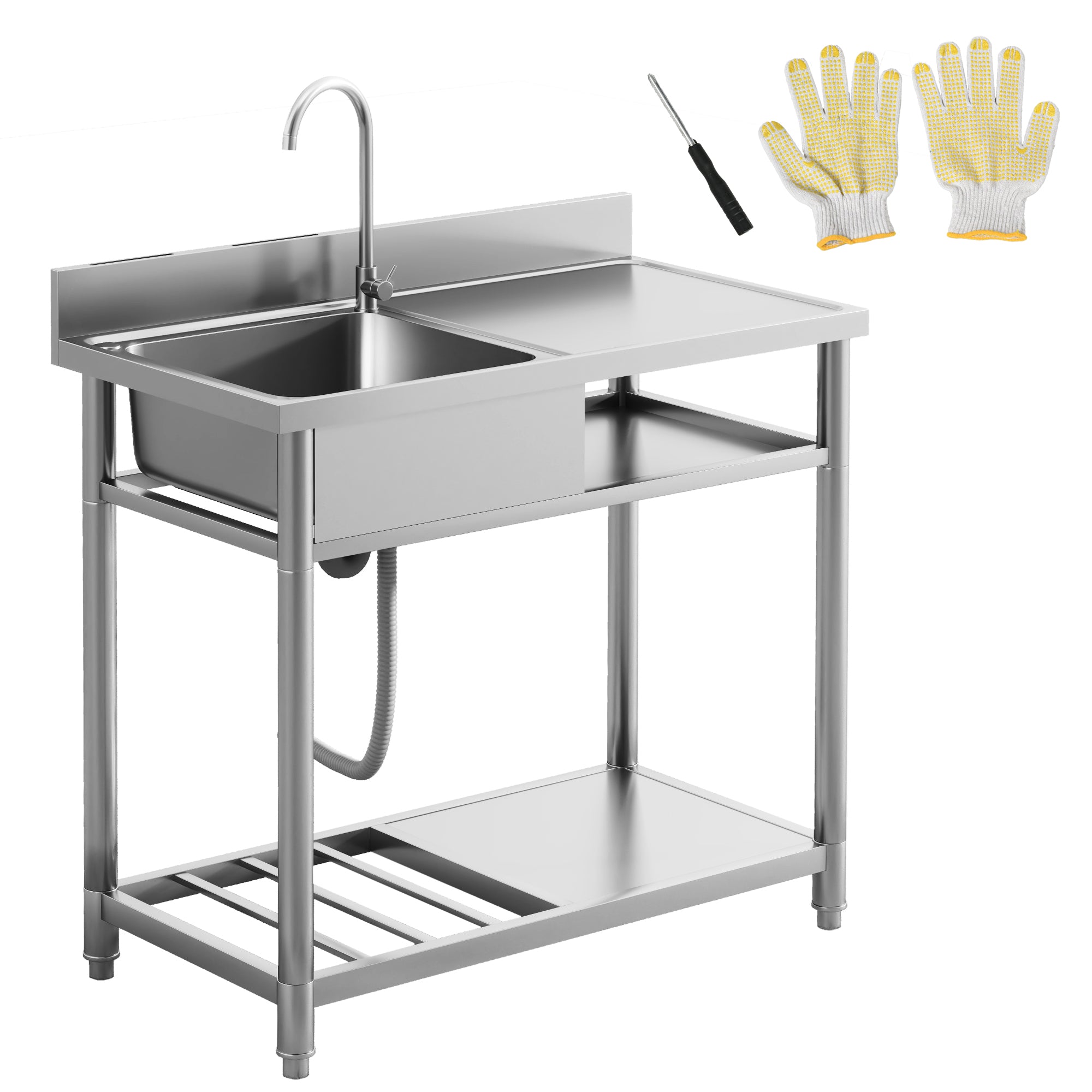 HOMCOM Outdoor Stainless Steel Kitchen Sink, Freestanding Sink Single Bowl with Cold and Hot Water Pipe and Storage Shelves - North Peak Garden Furniture