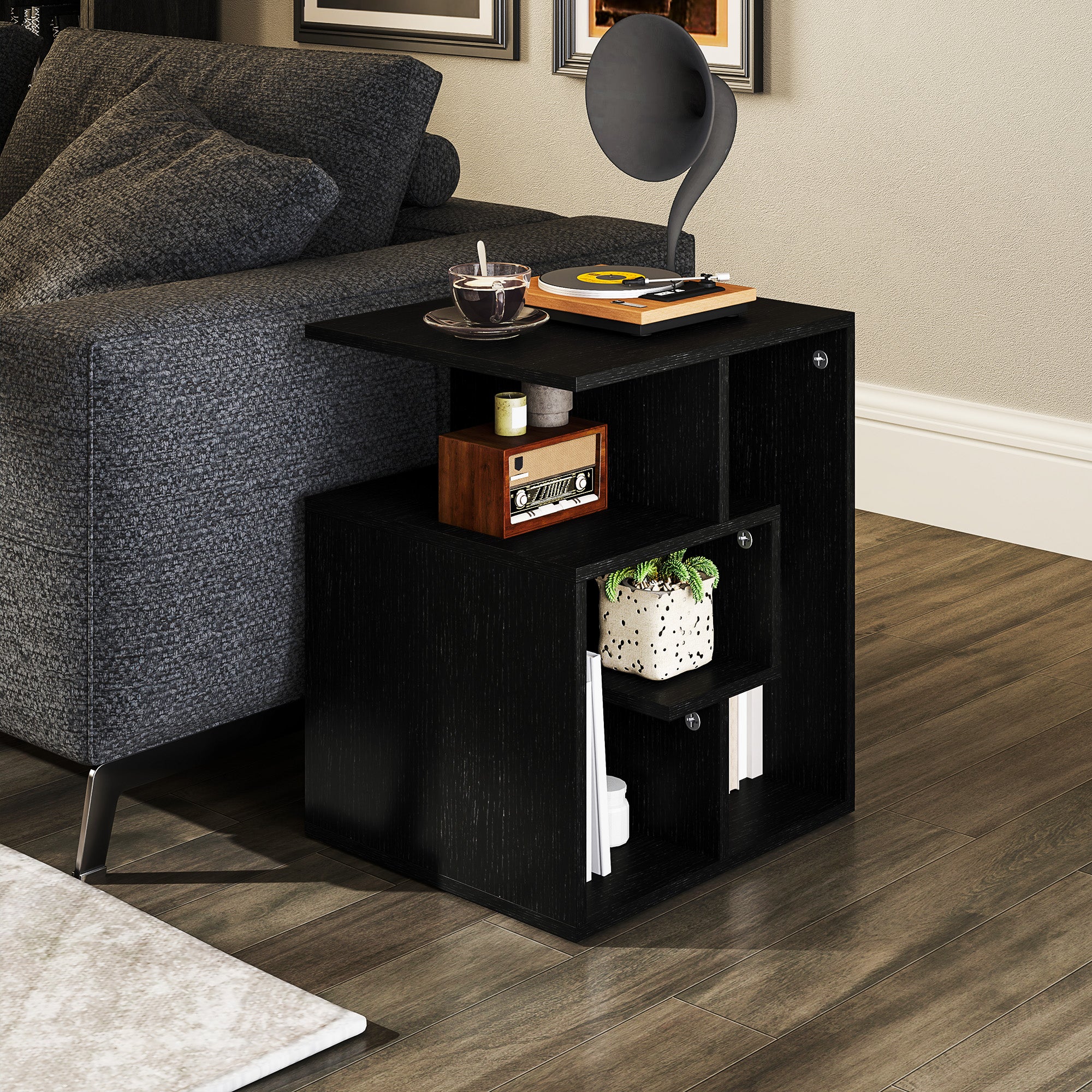 HOMCOM Side Table, 3 Tier End Table with Open Storage Shelves for Living Room, Bedroom, Black - North Peak Garden Furniture