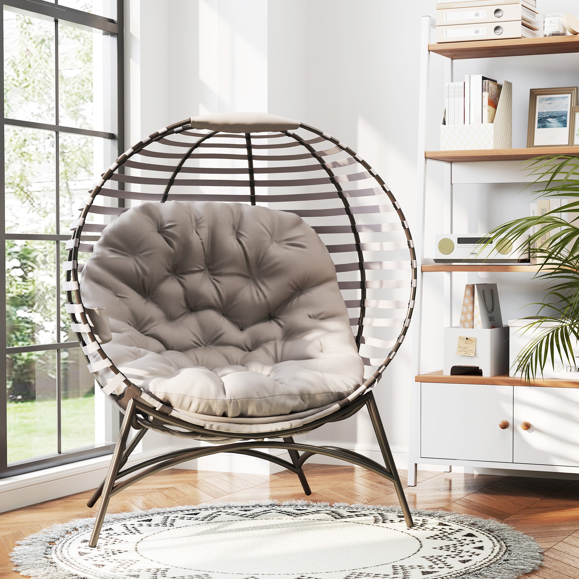 Outsunny Egg Chair with Cushion & Side Pocket - Light Grey - North Peak Garden Furniture