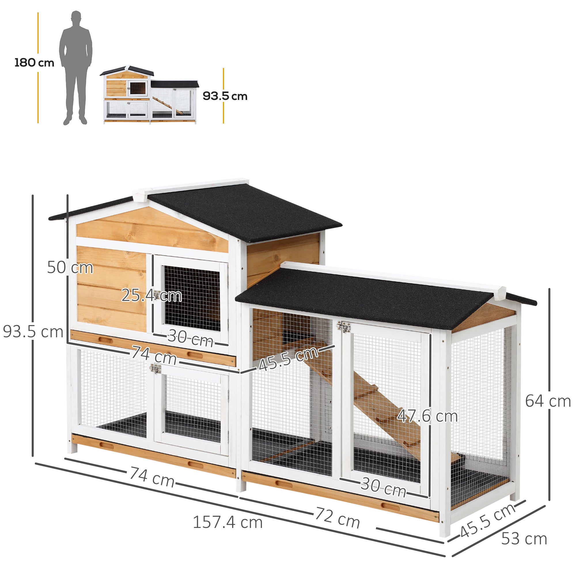 PawHut Rabbit Hutch Guinea Pig Hutch Wooden House with Run, 2 Tier Pet Cage Outdoor with No-leak Plastic Trays, 157.4 x 53 x 93.5cm, Yellow - North Peak Garden Furniture