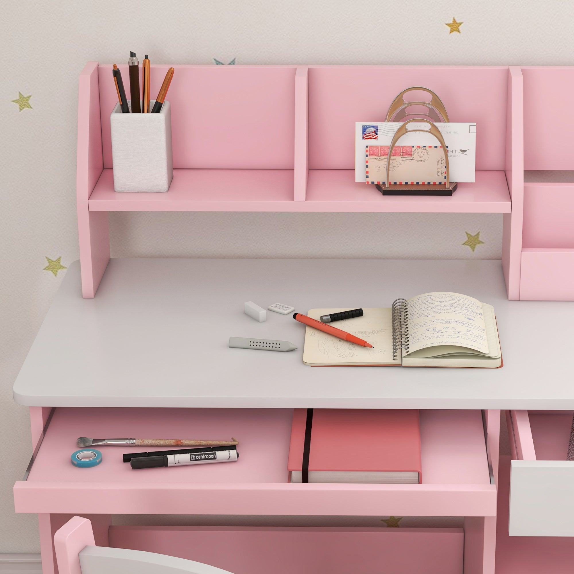 ZONEKIZ Two-Piece Kids Desk and Chair Set with Storage, for Ages 5-8 Years - Pink - North Peak Garden Furniture