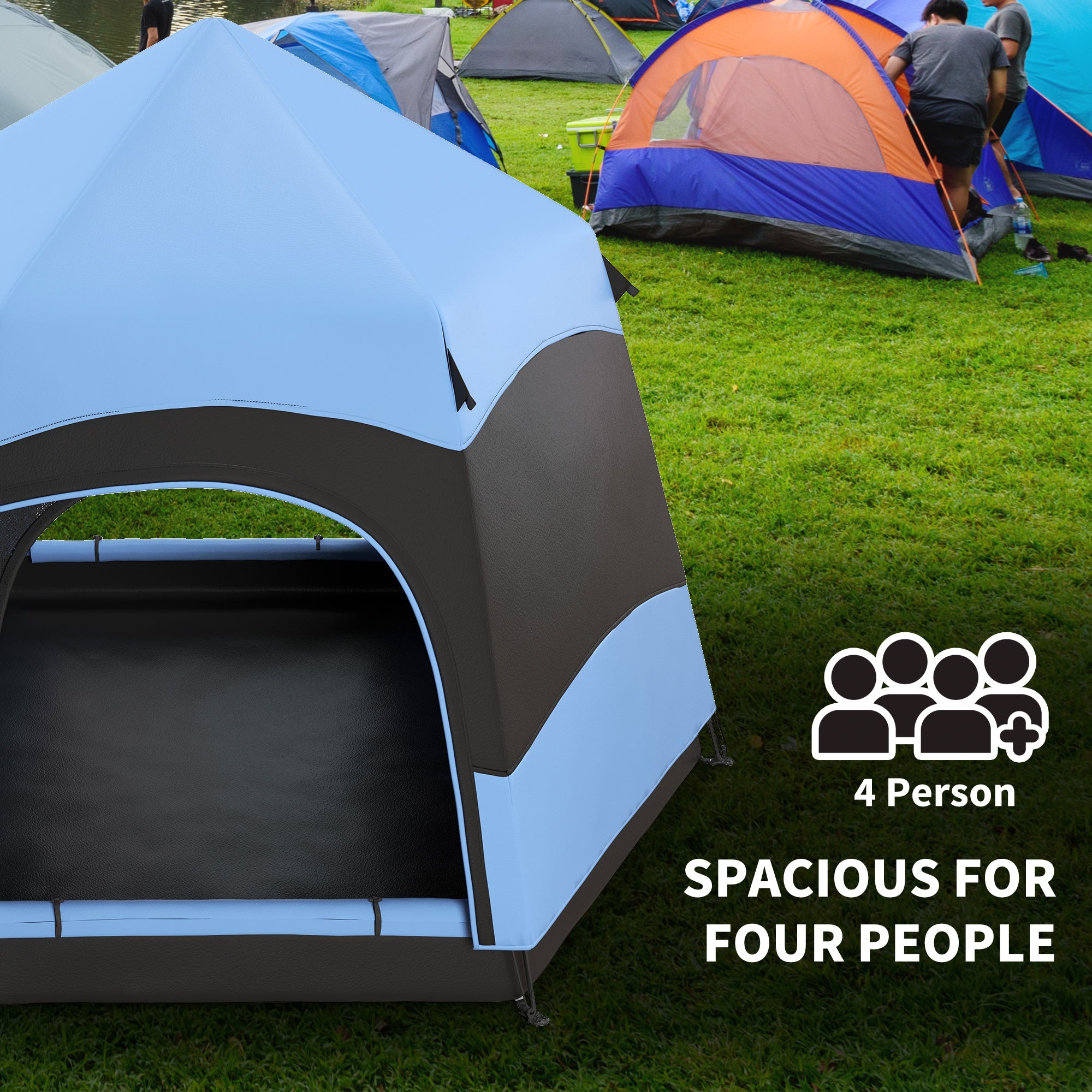 Outsunny Double Layer Dome Tent with Rainfly and Welded Floor, 4 Man Hexagon Pop Up Tent, Portable Camping Shelter with Hang Hook and Carry Bag, for Festival Hiking Family, Blue and Black - North Peak Garden Furniture
