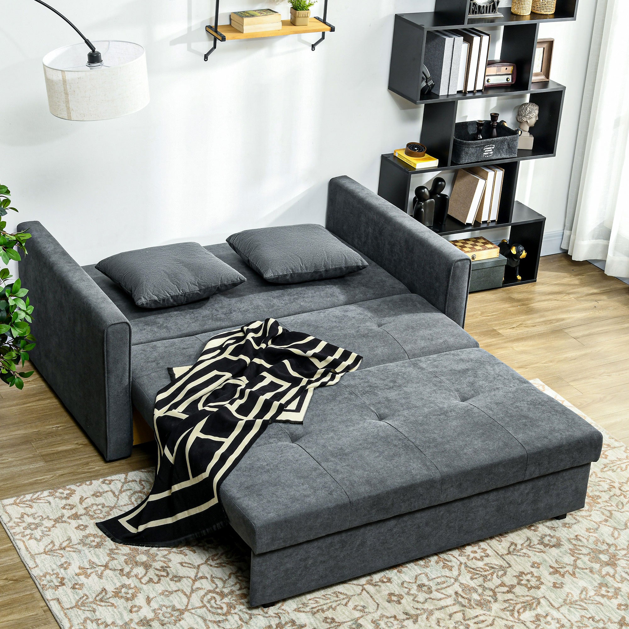 HOMCOM 2 Seater Sofa Bed, Convertible Bed Settee, Modern Fabric Loveseat Sofa Couch with 2 Cushions, Hidden Storage for Living Room, Guest Room, Dark Grey - North Peak Garden Furniture