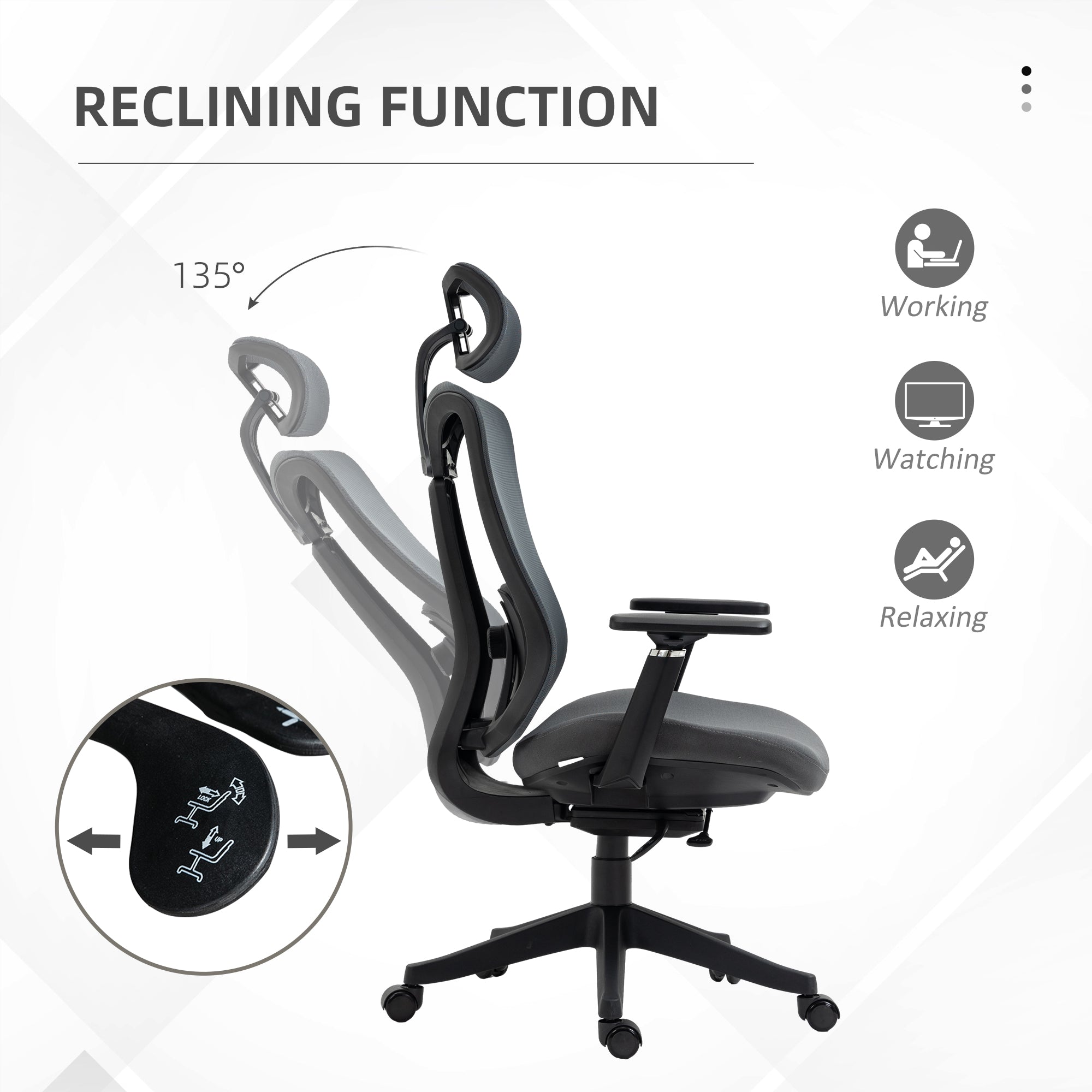Vinsetto Mesh Office Chair, Ergonomic Desk Chair, Computer Chair with Adjustable Headrest and Lumbar Support, 135° Reclining Back and 3D Armrest for Home Office Study, Grey - North Peak Garden Furniture