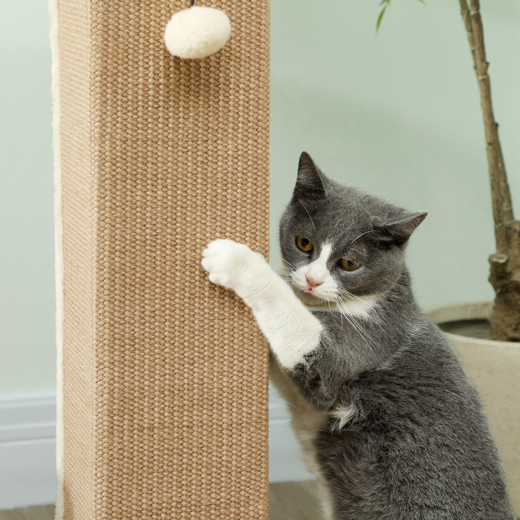 PawHut 81cm Cat Scratcher, Vertical Full Scratcher w/ Natural Jute Rope, Hanging Ball, Soft Plush - Beige