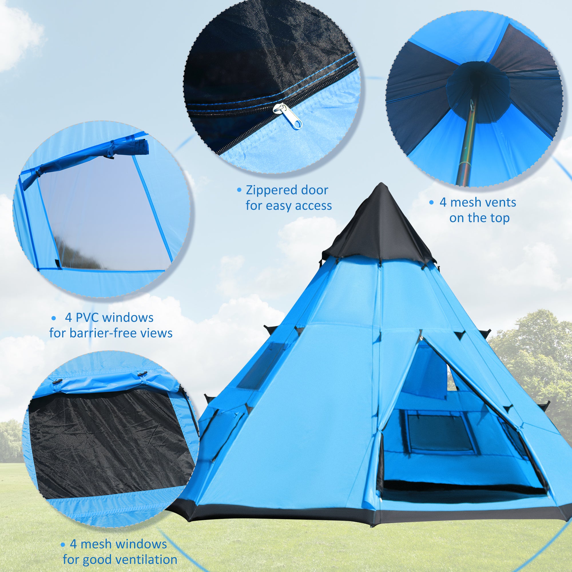 Outsunny 6 Men Tipi Tent, Camping Tent, Teepee Family Tent with Mesh Windows, Sewn-in Tent Floor, Two Doors and Carry Bag, Easy Set Up, for Hiking Picnics Outdoor Night, Blue - North Peak Garden Furniture