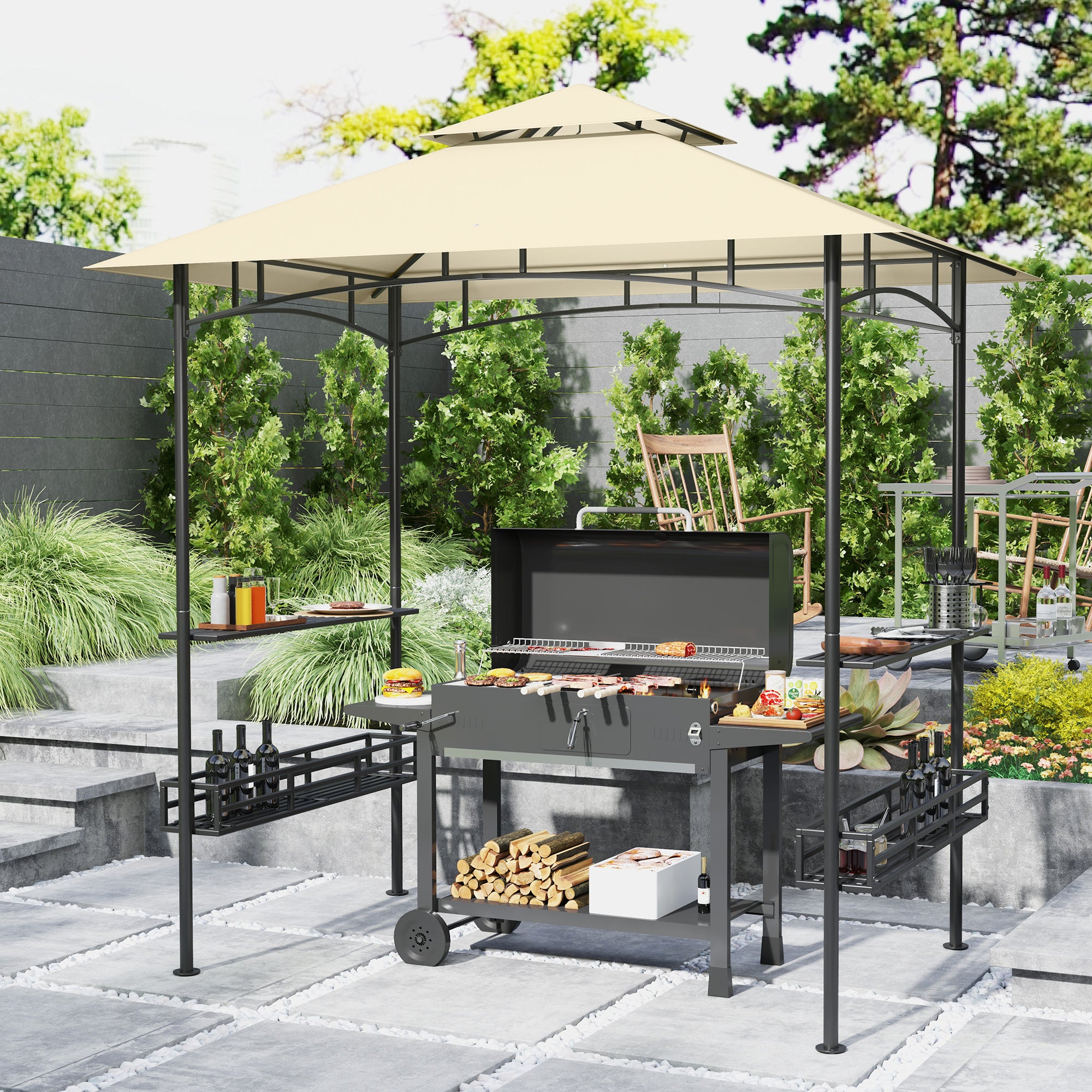 Outsunny 8' x 5' Grill Gazebo Canopy, Double Tiered Outdoor BBQ Gazebo Shelter with 2 Side Shelves, Storage Baskets, Hook for Garden, Patio, Barbecue, Picnic, Beige - North Peak Garden Furniture