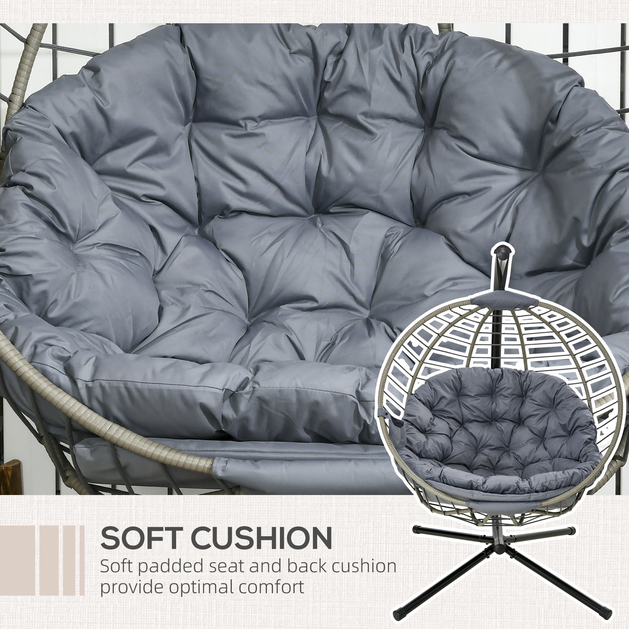 Outsunny PE Rattan Swing Chair, Outdoor Hanging Chair with Metal Stand, Thick Padded Cushion, Foldable Basket and Cup Holder, for Indoor and Outdoor, Grey - North Peak Garden Furniture