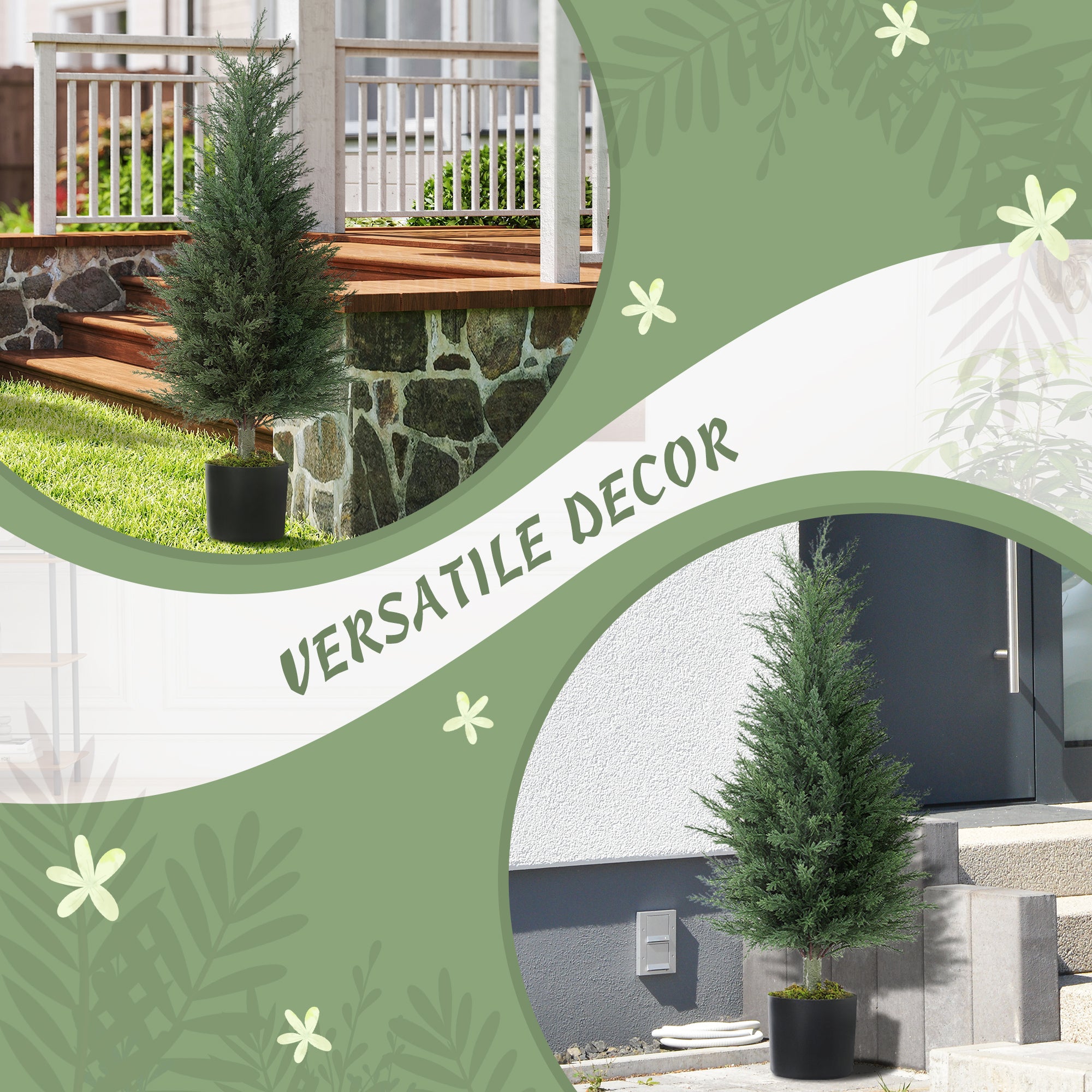 HOMCOM Set of 2 Decorative Artificial Plant, 90 cm Cypress Tree with 362 Leaves in Pot, UV-Resistant Plastic Fake Tree for Indoor Outdoor Home Office - North Peak Garden Furniture
