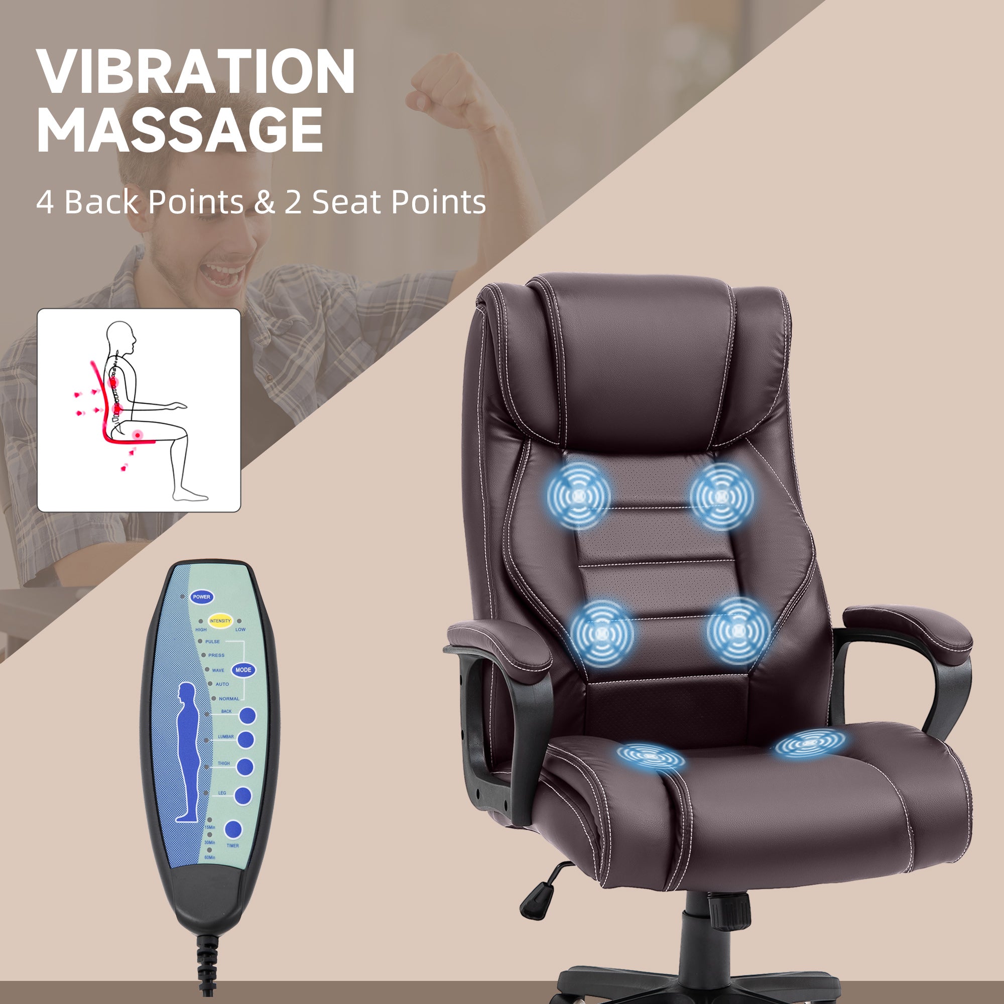 Vinsetto High Back Executive Office Chair 6- Point Vibration Massage Extra Padded Swivel Ergonomic Tilt Desk Seat, Brown - North Peak Garden Furniture