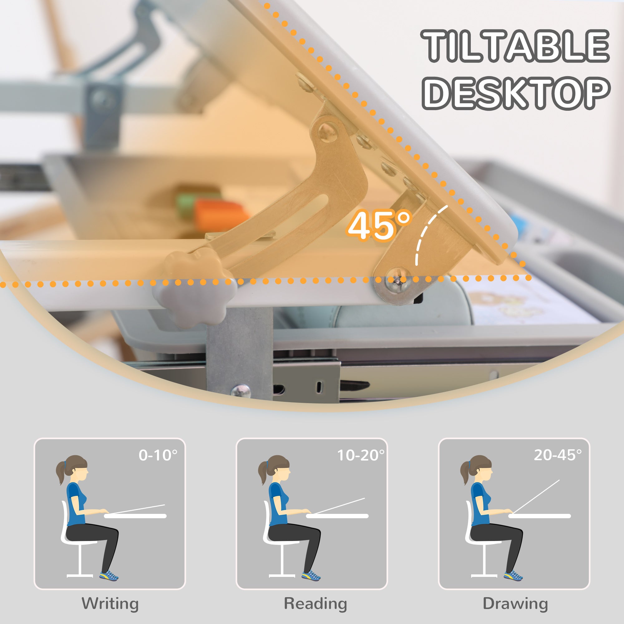 HOMCOM Kids Desk and Chair Set, Student Adjustable Writing Desk, with Drawer, Pen Slot, Hook - Grey - North Peak Garden Furniture