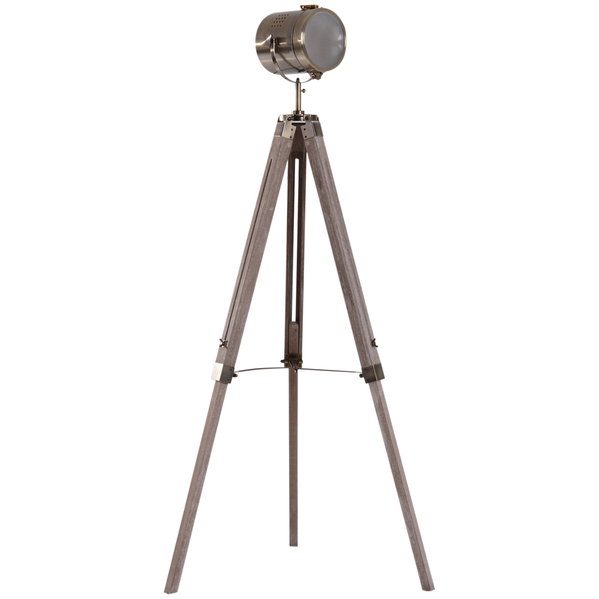 HOMCOM Industrial Tripod Floor Lamp, Nautical Searchlight with Adjustable Height, Wood Legs, E12 Lamp Base for Living Room, Bedroom, Grey and Bronze