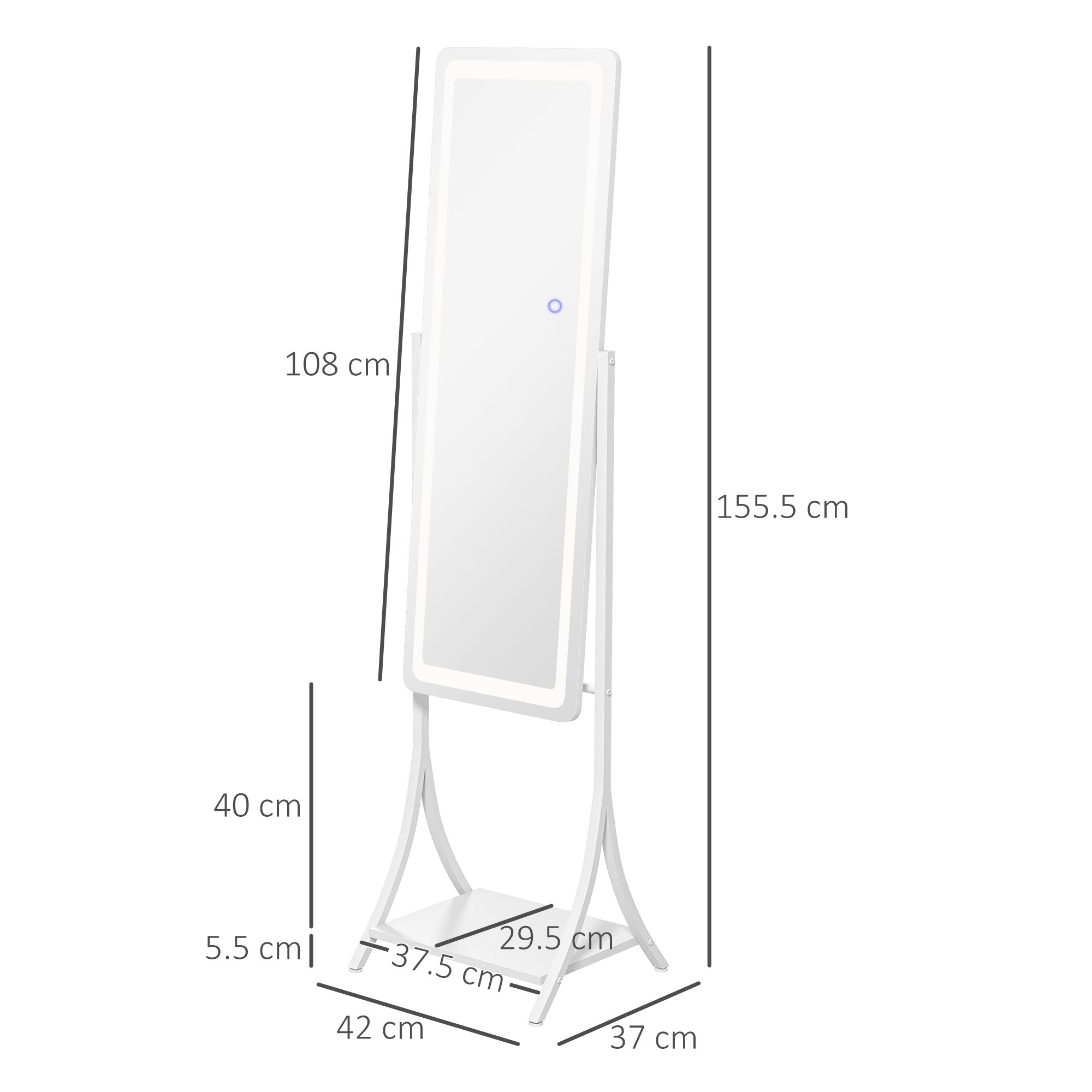 HOMCOM Free Standing Dressing Mirror with LED Lights, Full Length Mirror with 3 Temperature Colours and Storage Shelf - North Peak Garden Furniture