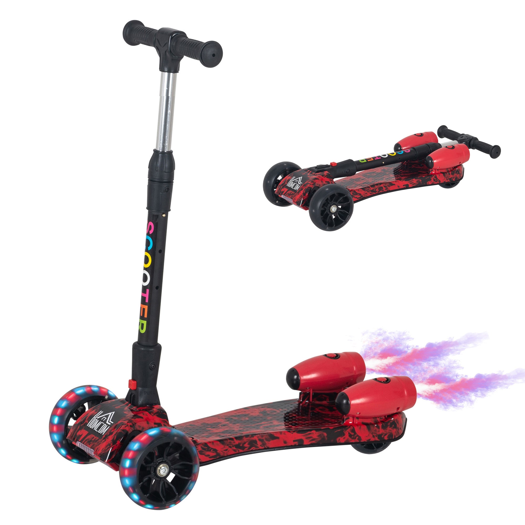 HOMCOM Scooter for Kids Toddler 3 Wheel Adjustable Height w/ Flashing Wheels Music Water Spray Foldable Kick Scooter for Boys and Girls 3 - 6 Yrs Red - North Peak Garden Furniture