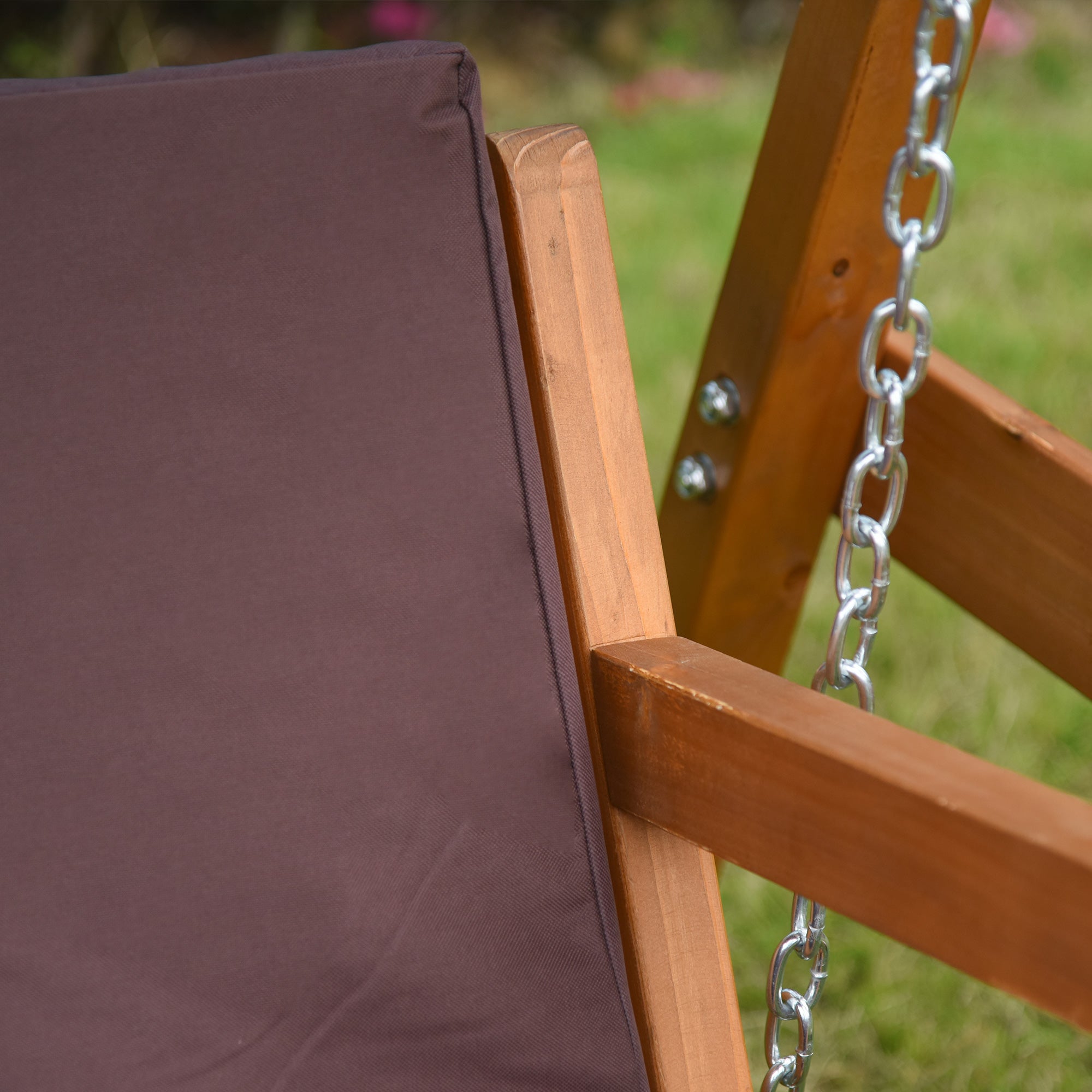 Outsunny 3 Seater Garden Swing Seat Outdoor Swing Chair with Adjustable Canopy, Wooden Hammock Bench with Padded Cushions for Patio Yard, Brown - North Peak Garden Furniture