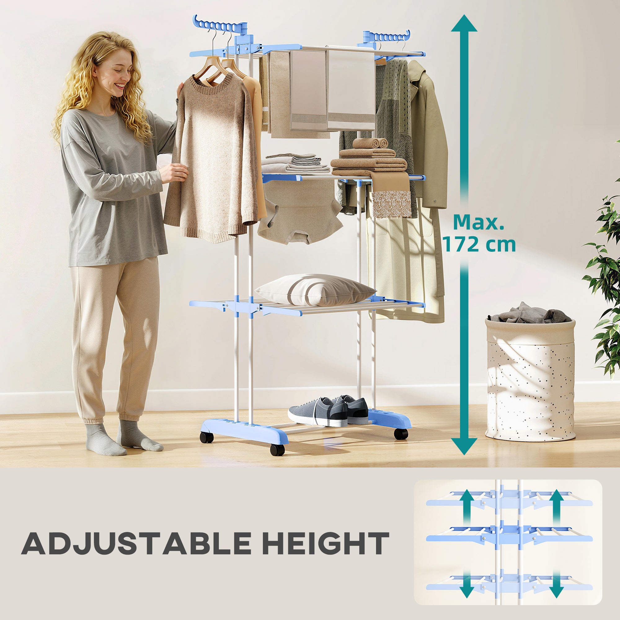 HOMCOM Foldable Clothes Drying Rack, 4-Tier Steel Garment Laundry Rack with Castors for Indoor and Outdoor Use, Blue