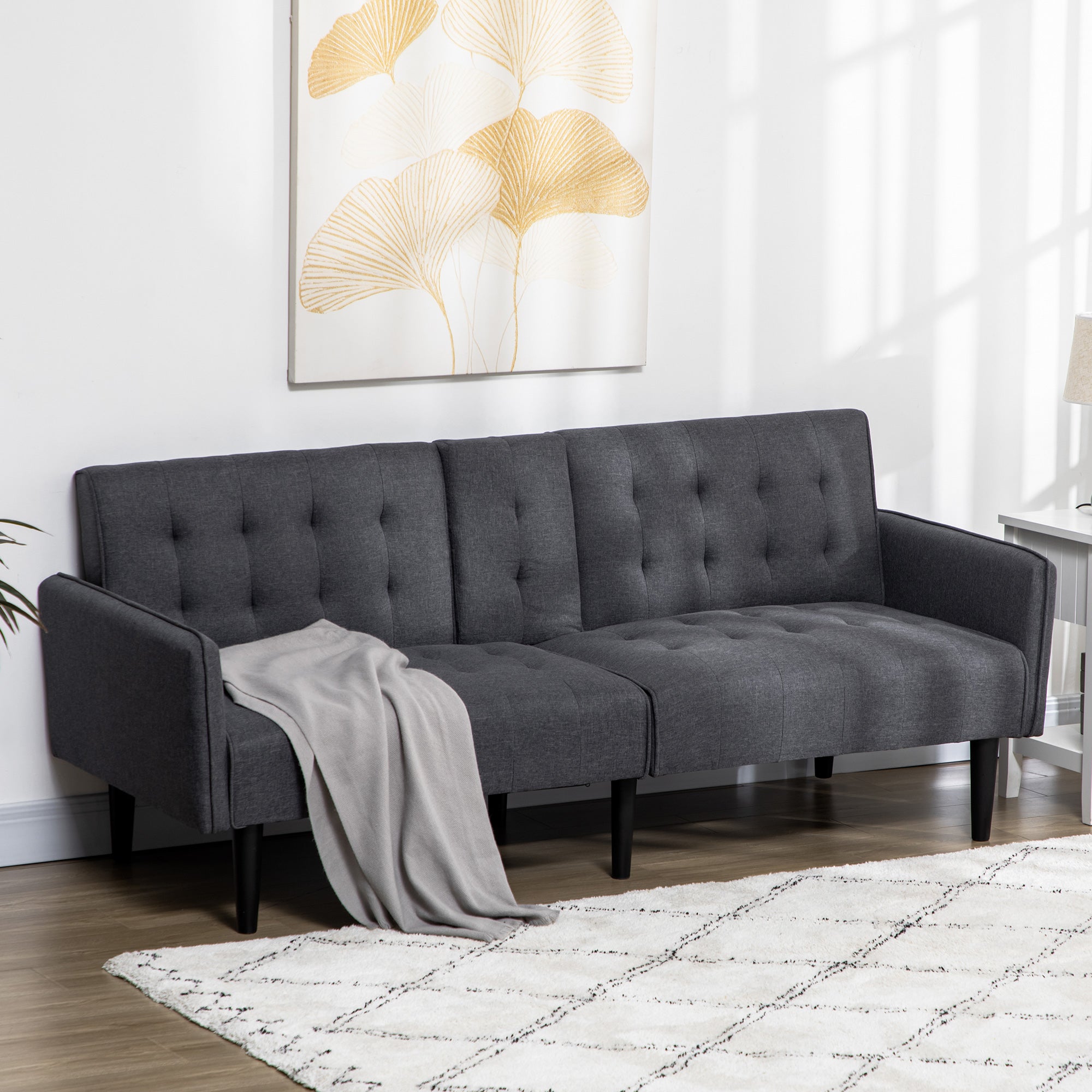 HOMCOM Upholstered Click Clack Sofa Bed, Linen-Feel 3 Seater Sofa Bed with Storage and Cupholders, Grey - North Peak Garden Furniture