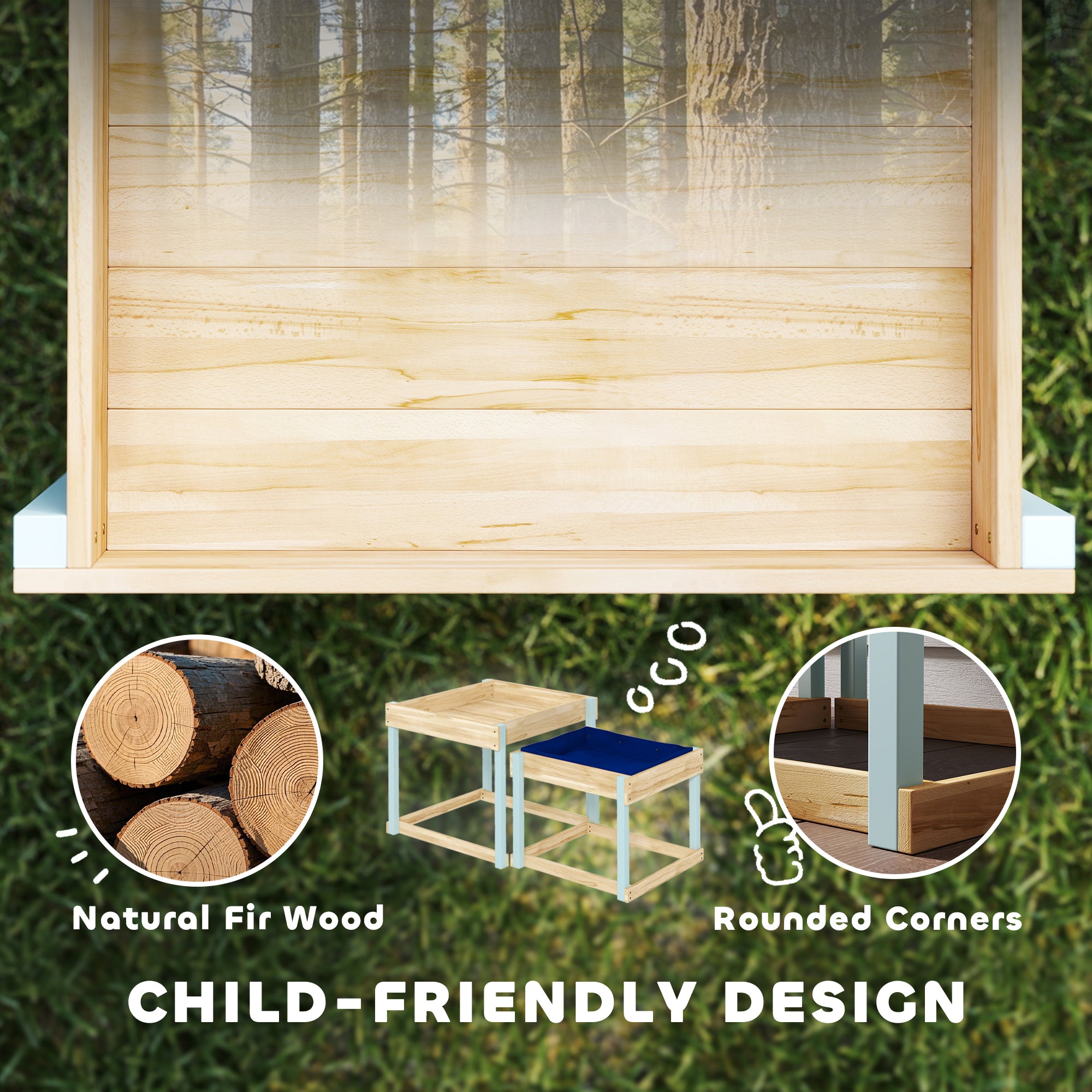 AIYAPLAY 2 PCS Wooden Outdoor Sand and Water Play Tables with Bottom Liner for Kids Aged 3-8 Years Old, Natural Wood Finish - North Peak Garden Furniture