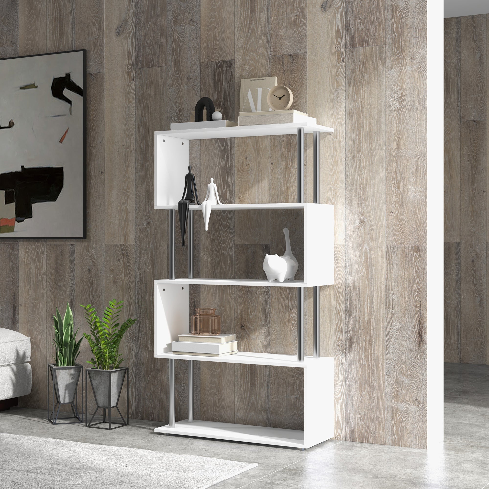 HOMCOM S Shape Bookcase, 5 Tiers Bookshelf, Modern Freestanding Storage Shelf for Home Office, Study, Living Room, 80 x 30 x 145cm, White - North Peak Garden Furniture