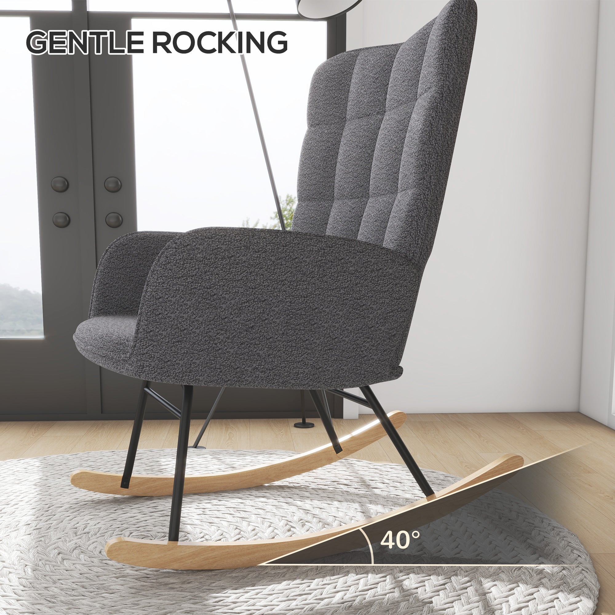 HOMCOM Berber Fleece Nursery Glider Rocker for Nursing, Wingback Rocking Chair for Living Room, Dark Grey - North Peak Garden Furniture