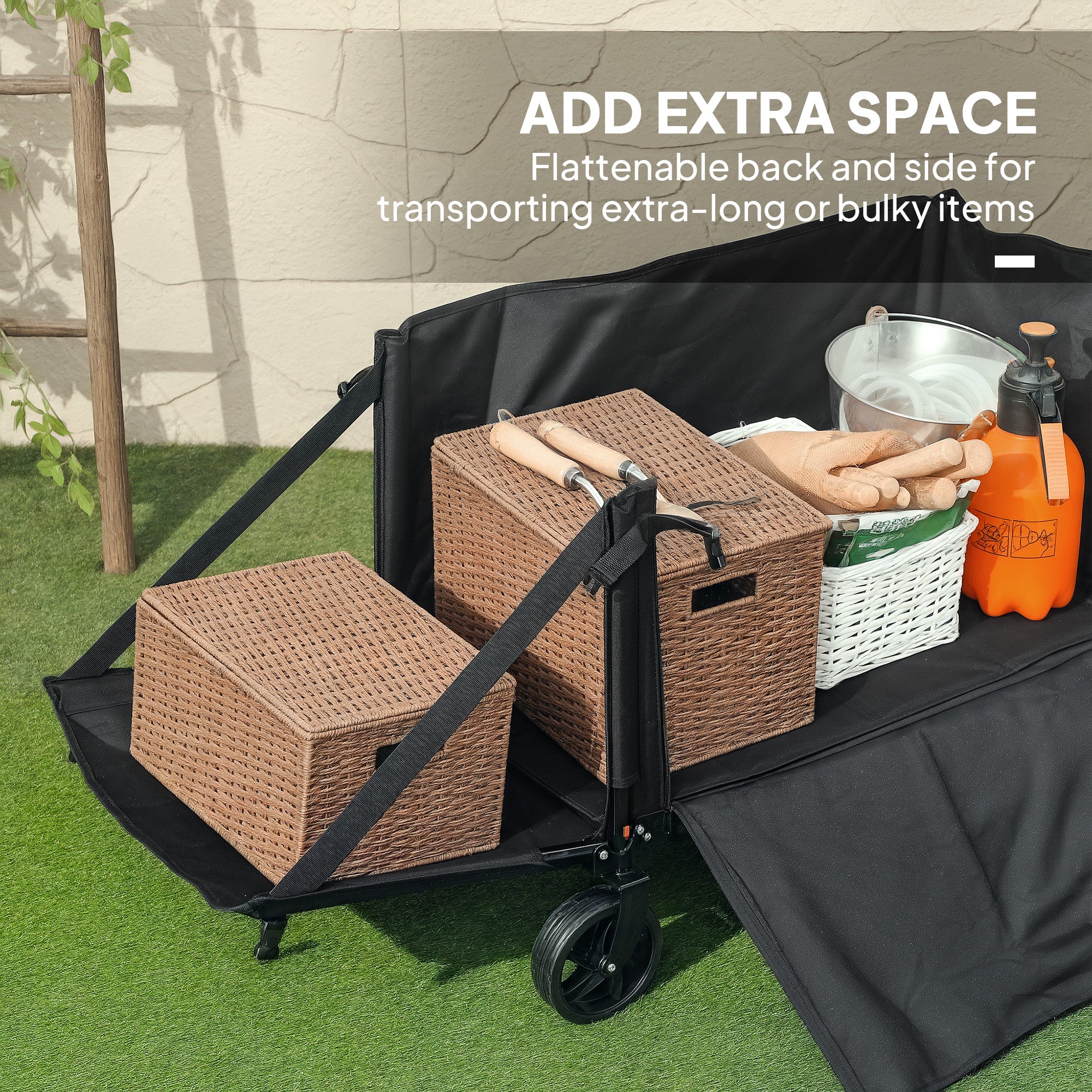 Outsunny Folding Trolley on Wheels, 150L Collapsible Wagon Festival Trolley Cart with Openable Sides, Adjustable Handle and Brakes for Shopping Camping Beach and Garden, Black - North Peak Garden Furniture
