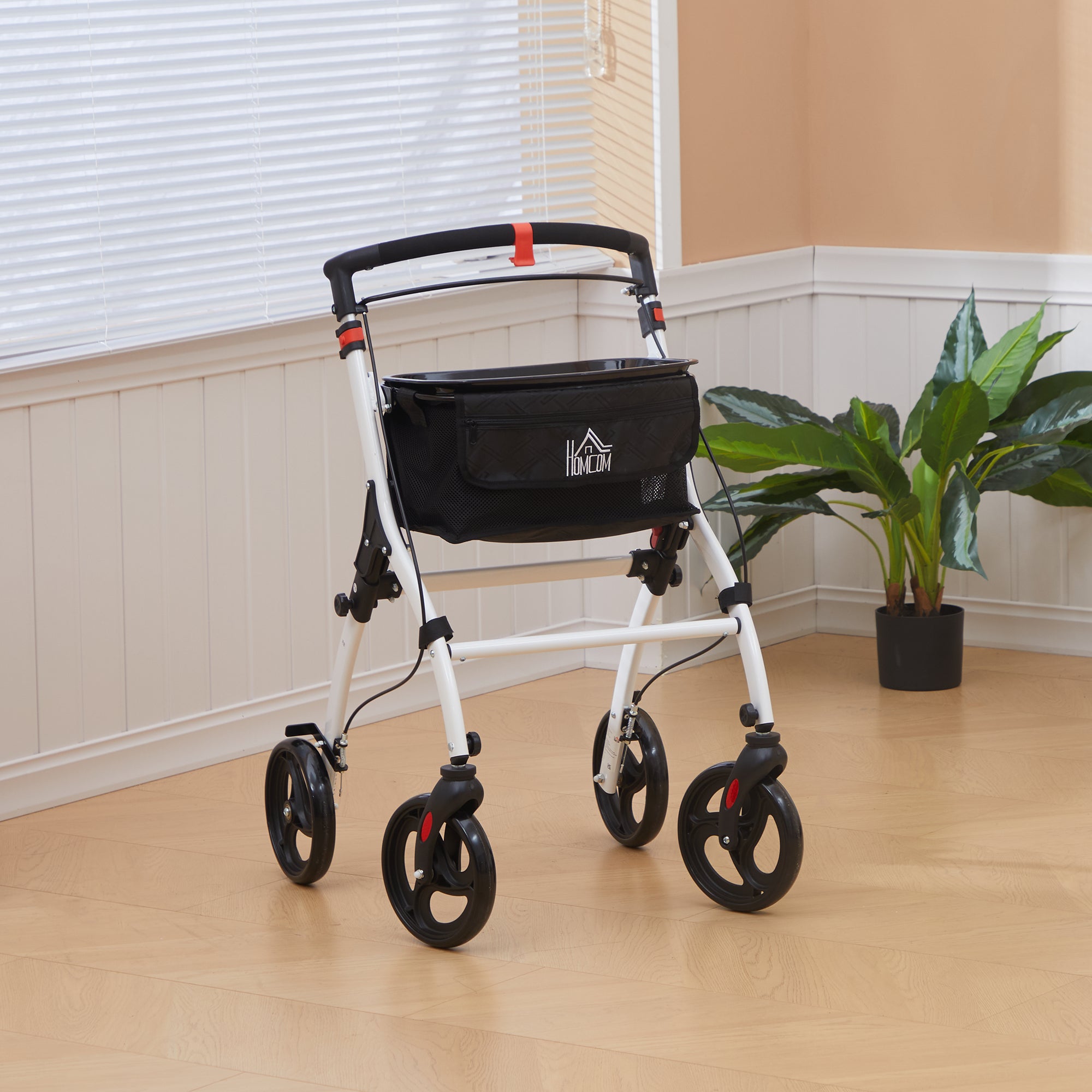 HOMCOM Folding Upright Rollator Walker with Lightweight Walking Frame, Storage Bag, Tray, Dual Brakes, Adjustable Handle Height, Mobility Aid Rolling 4 Wheeled Walker for Seniors, White - North Peak Garden Furniture