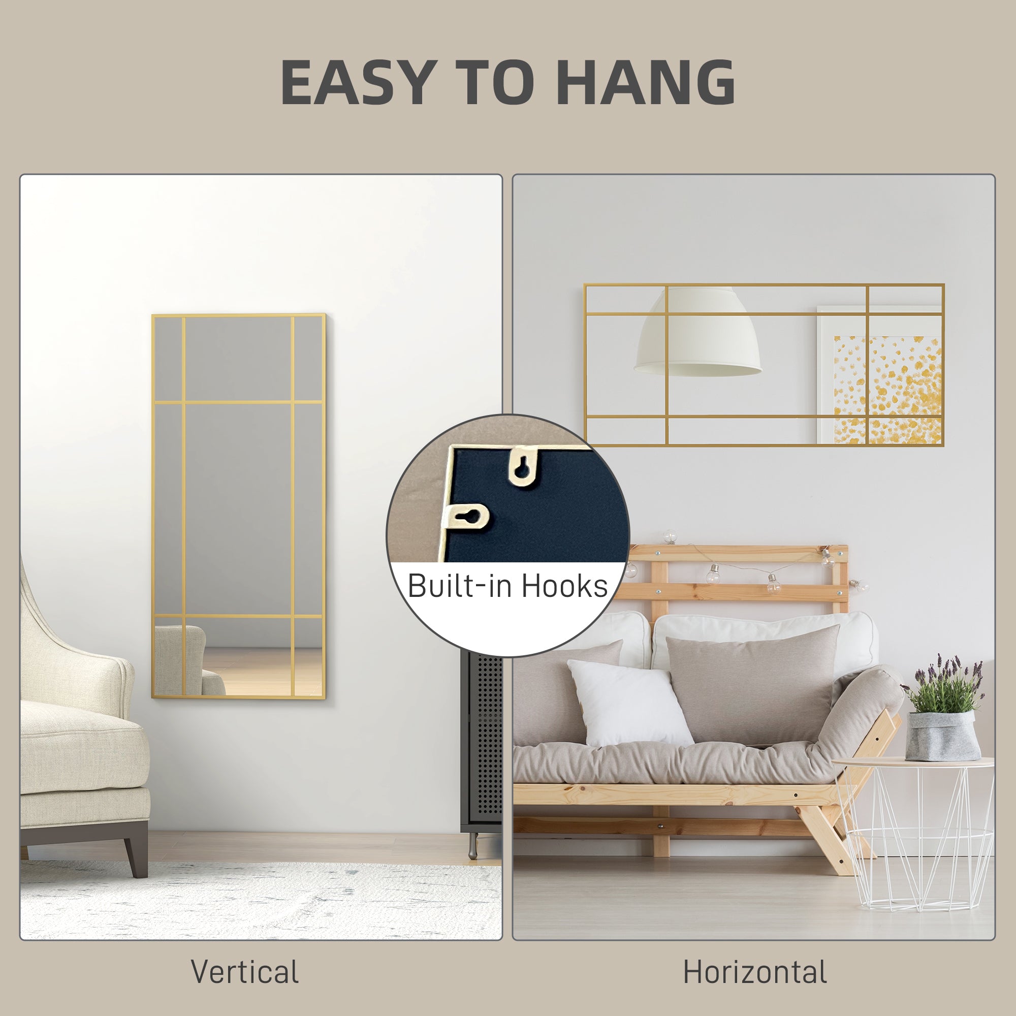 HOMCOM Decorative Grid Wall Mirror, with Back Hooks - Gold Tone - North Peak Garden Furniture