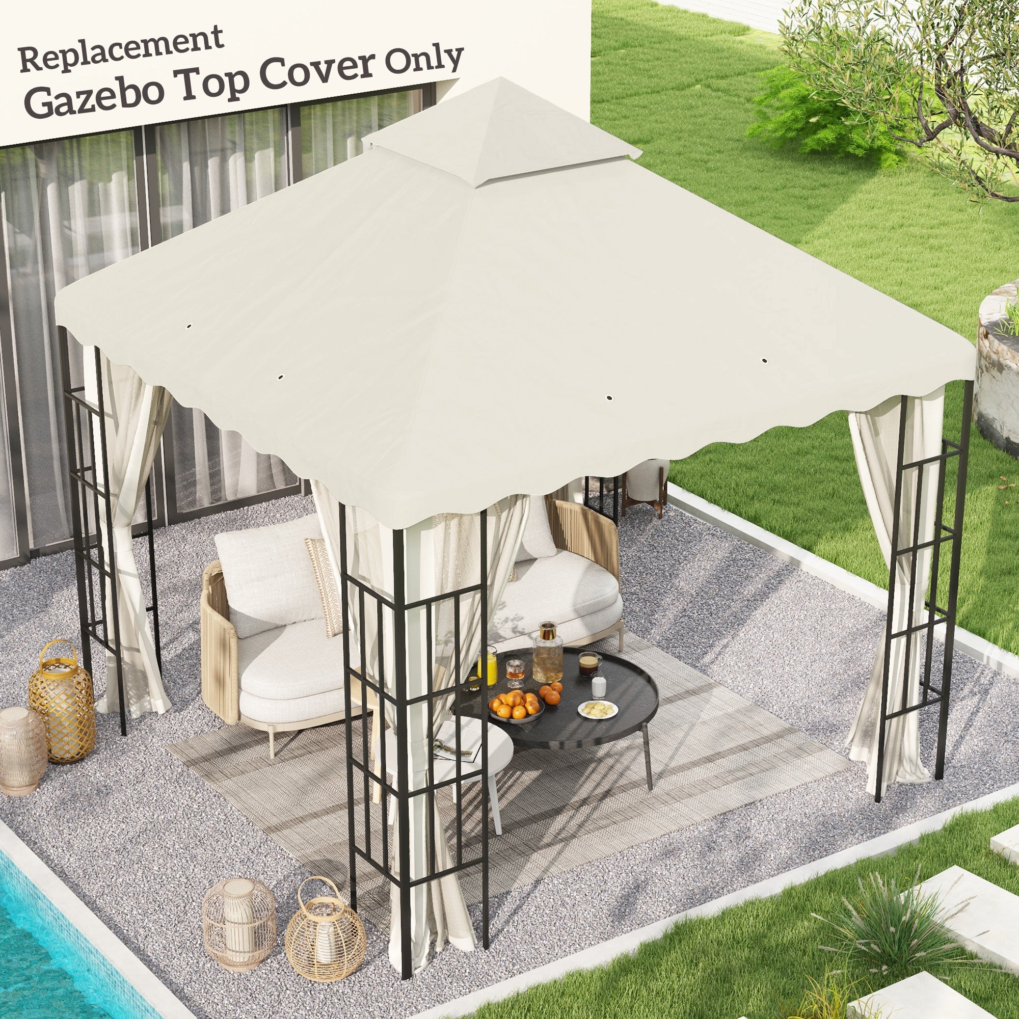 Outsunny 3 x 3 m Gazebo Canopy Replacement Covers, 2 - Tier Gazebo Roof Replacement TOP COVER ONLY, Cream White