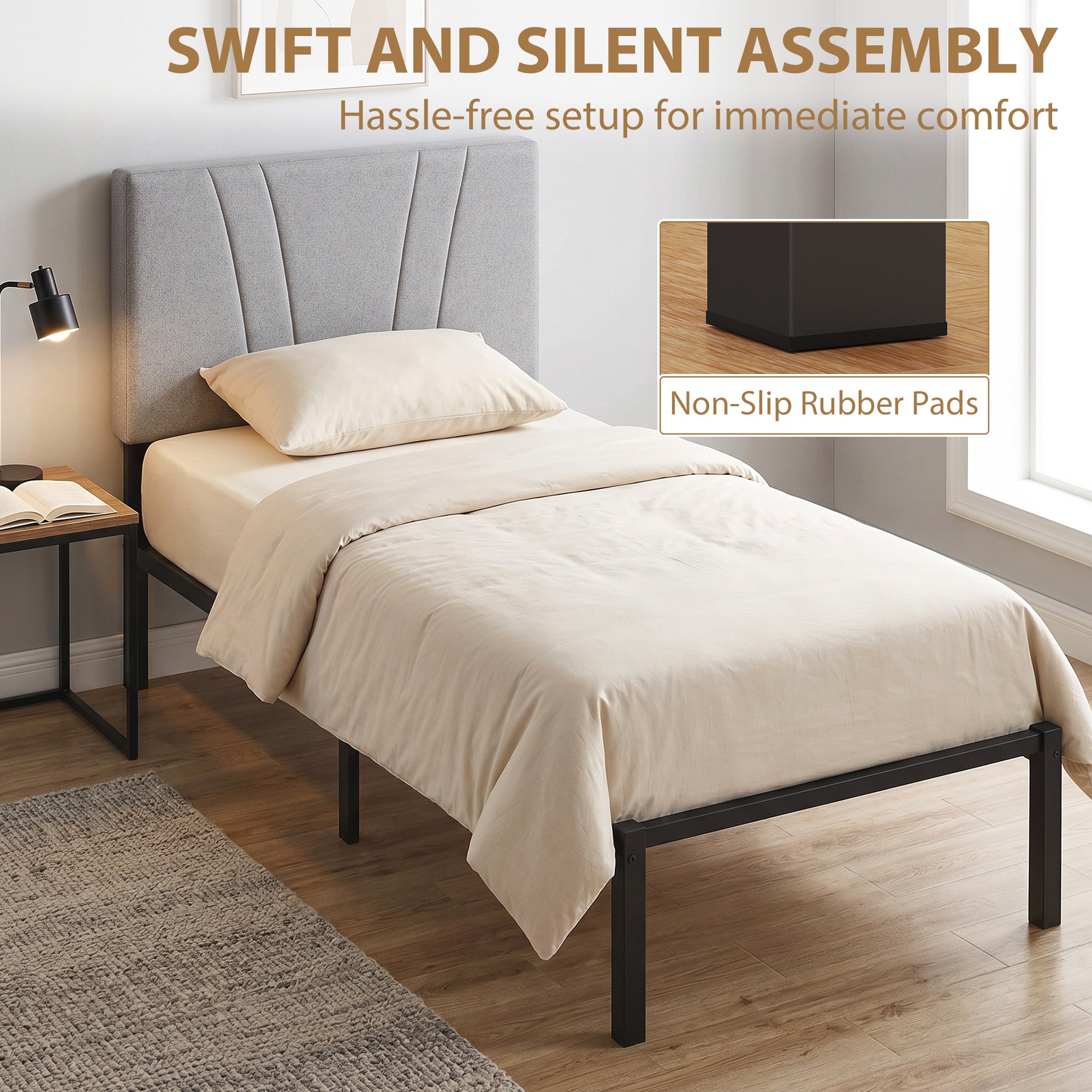 HOMCOM 3FT Single Bed Frame with Upholstered Headboard and Underbed Storage, Black and Light Grey