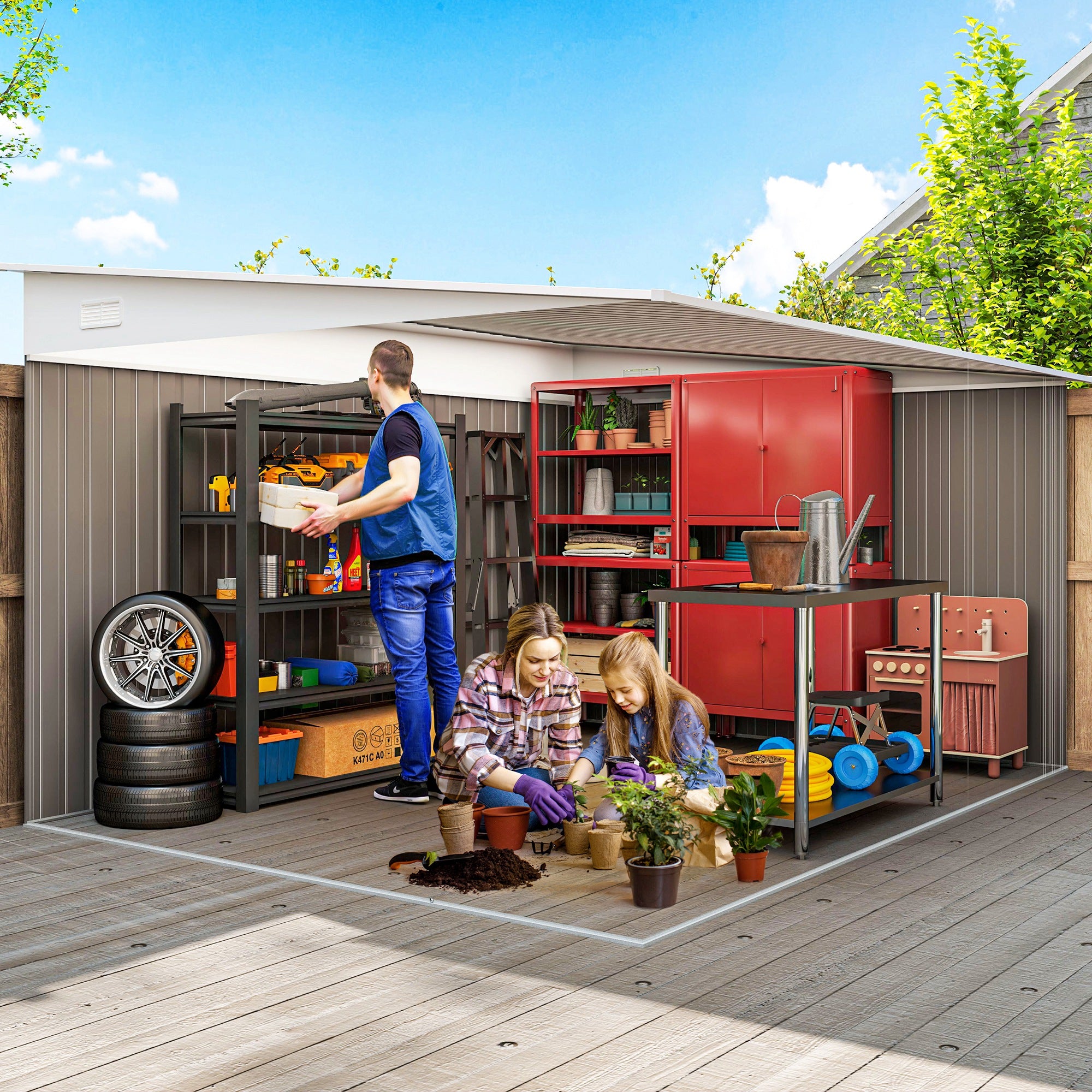 Outsunny 11.3 x 9.2ft Lean to Metal Garden Shed, Outdoor Galvanised Tool Storage House with Double Sliding Doors and 2 Air Vents, Grey - North Peak Garden Furniture