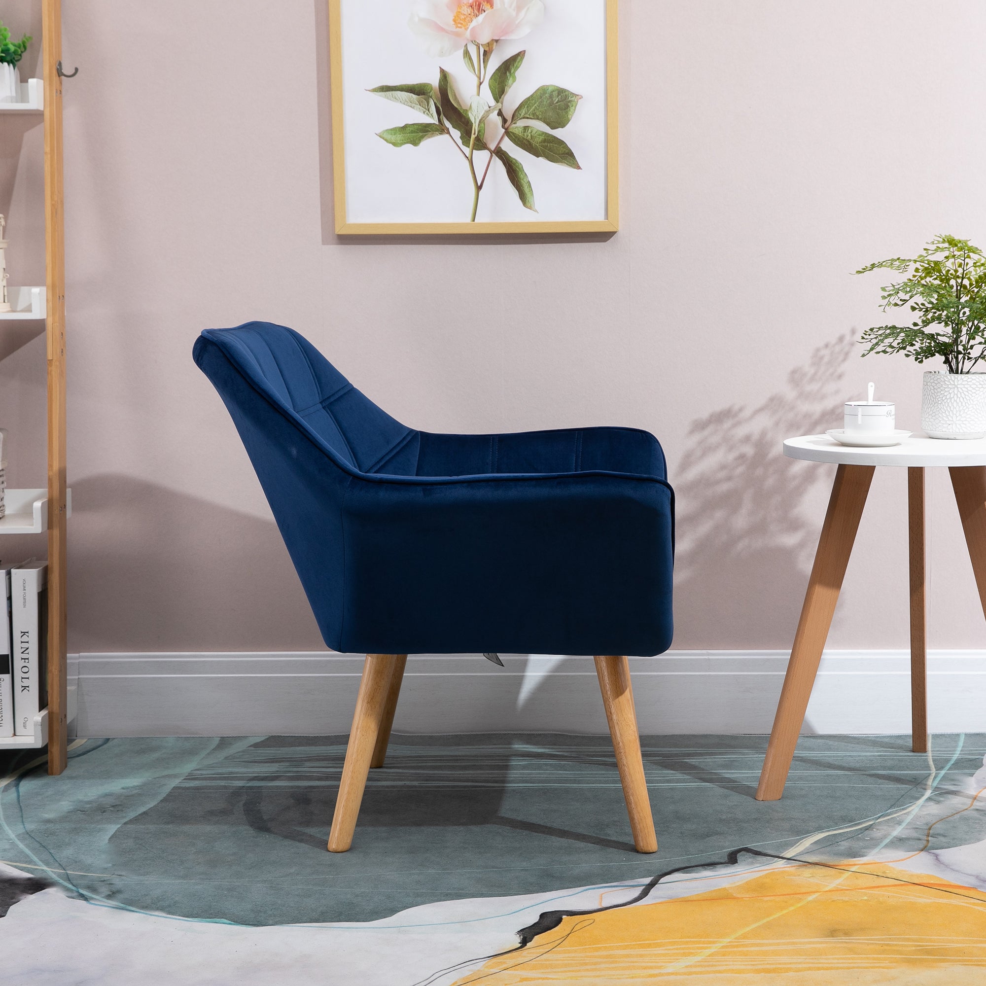 HOMCOM Armchair Accent Chair Wide Arms Slanted Back Padding Steel Frame Wooden Legs Home Bedroom Furniture Seating Blue - North Peak Garden Furniture