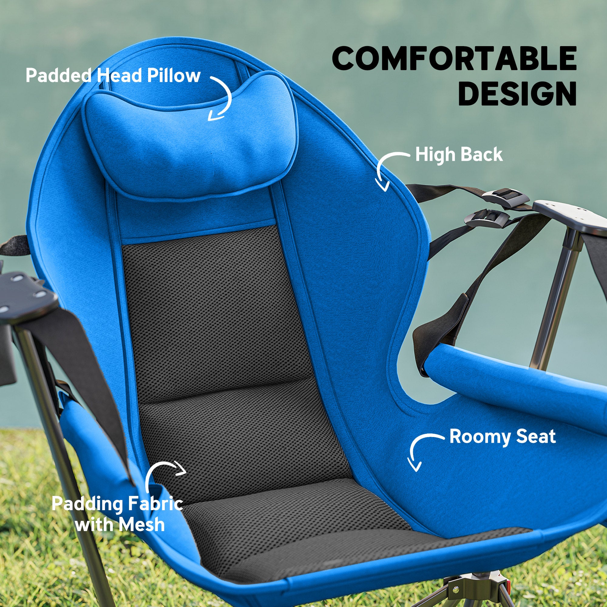 Outsunny Hammock Camping Chair Set of 2, Adjustable Back Swinging Camping Chair Portable Camp Chair with Cup Holder, Headrest, Padded Seat and Carry Bag for Travel Fishing Hiking, Blue - North Peak Garden Furniture