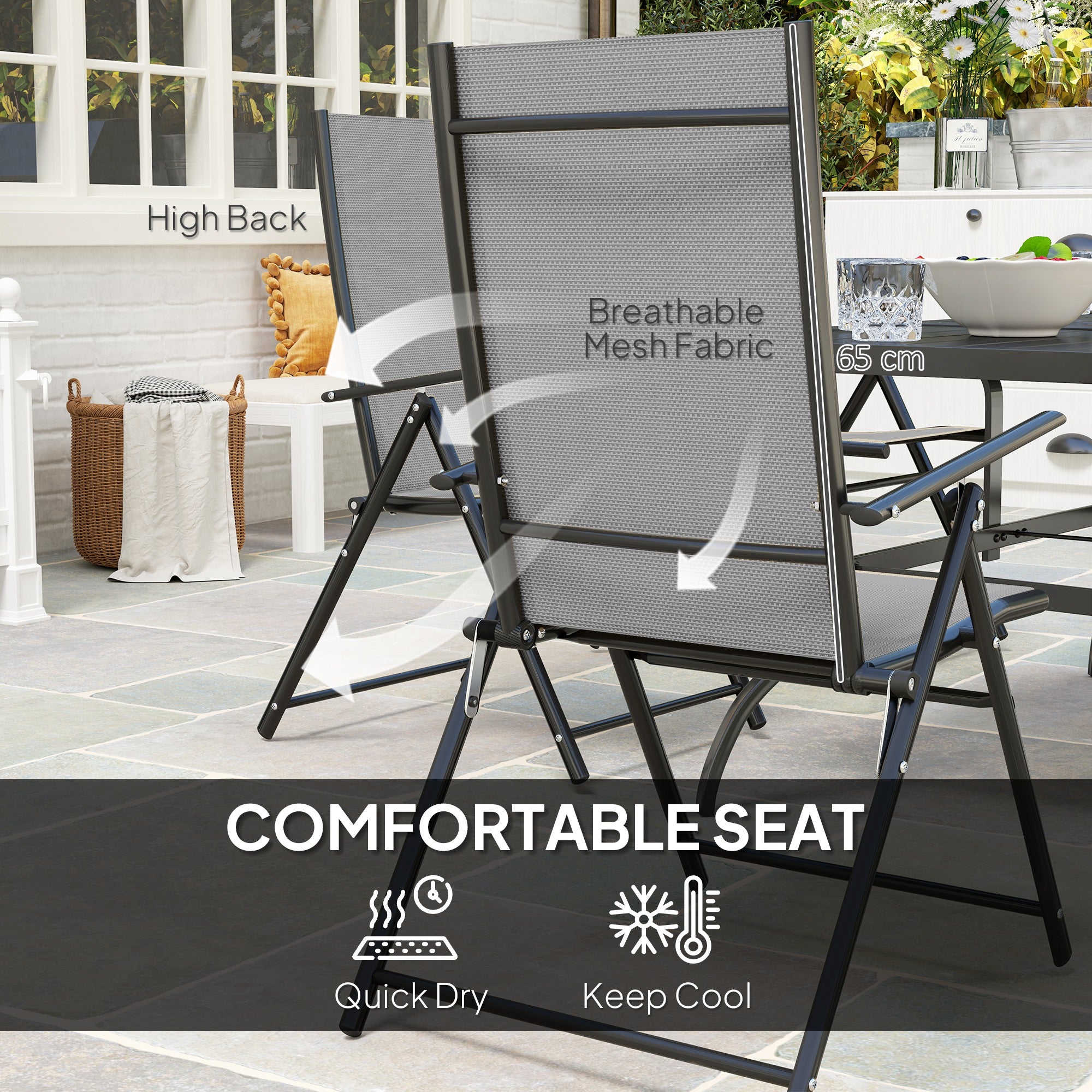Outsunny Seven-Piece Steel Outdoor Dining Set, with Parasol Hole - Grey - North Peak Garden Furniture