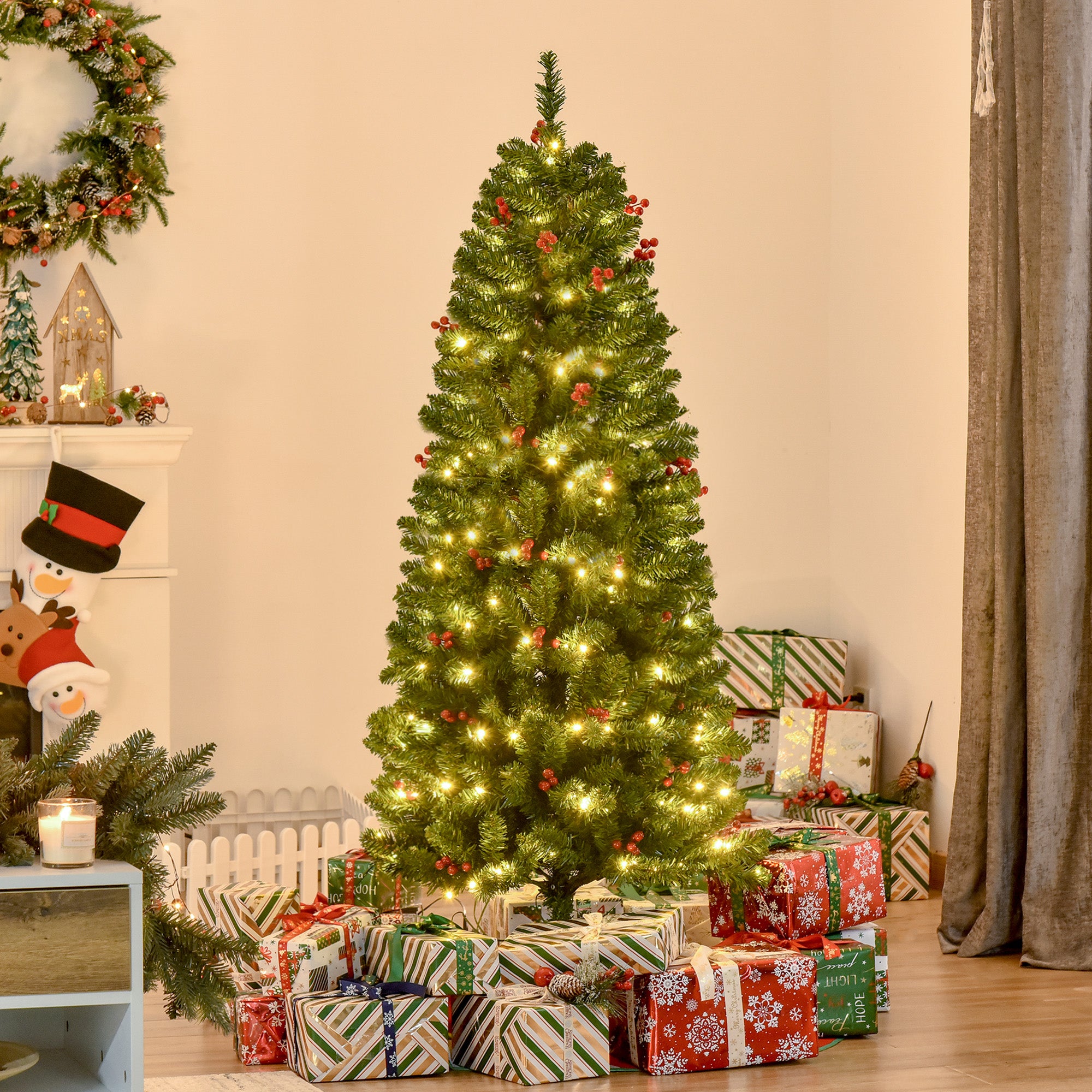 HOMCOM 5FT Prelit Artificial Pencil Christmas Tree with Warm White LED Light, Red Berry, Holiday Home Xmas Decoration, Green - North Peak Garden Furniture