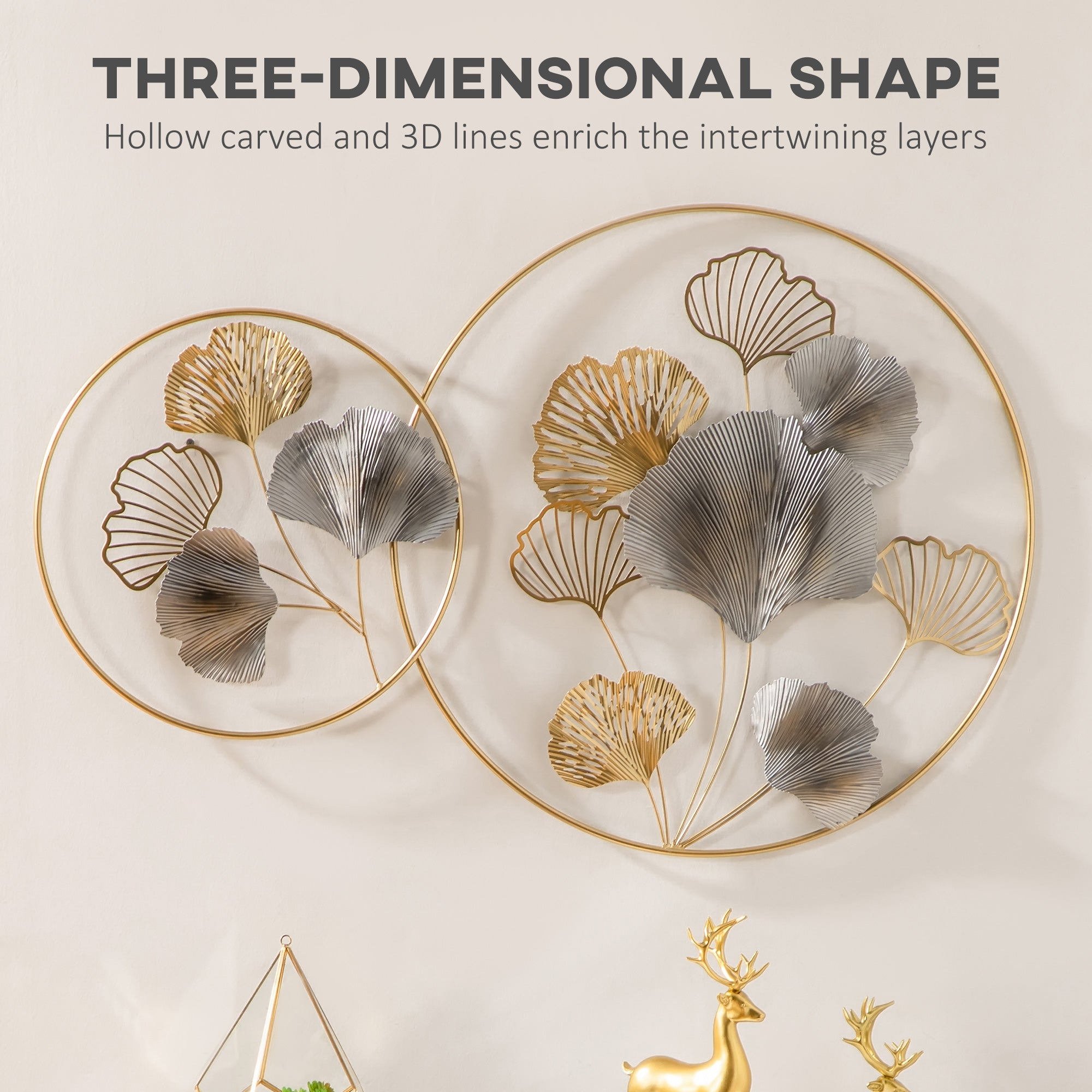 HOMCOM 3D Metal Wall Art Modern Ginkgo Leaves Hanging Wall Sculptures Home Decor for Living Room Bedroom Dining Room, Gold - North Peak Garden Furniture