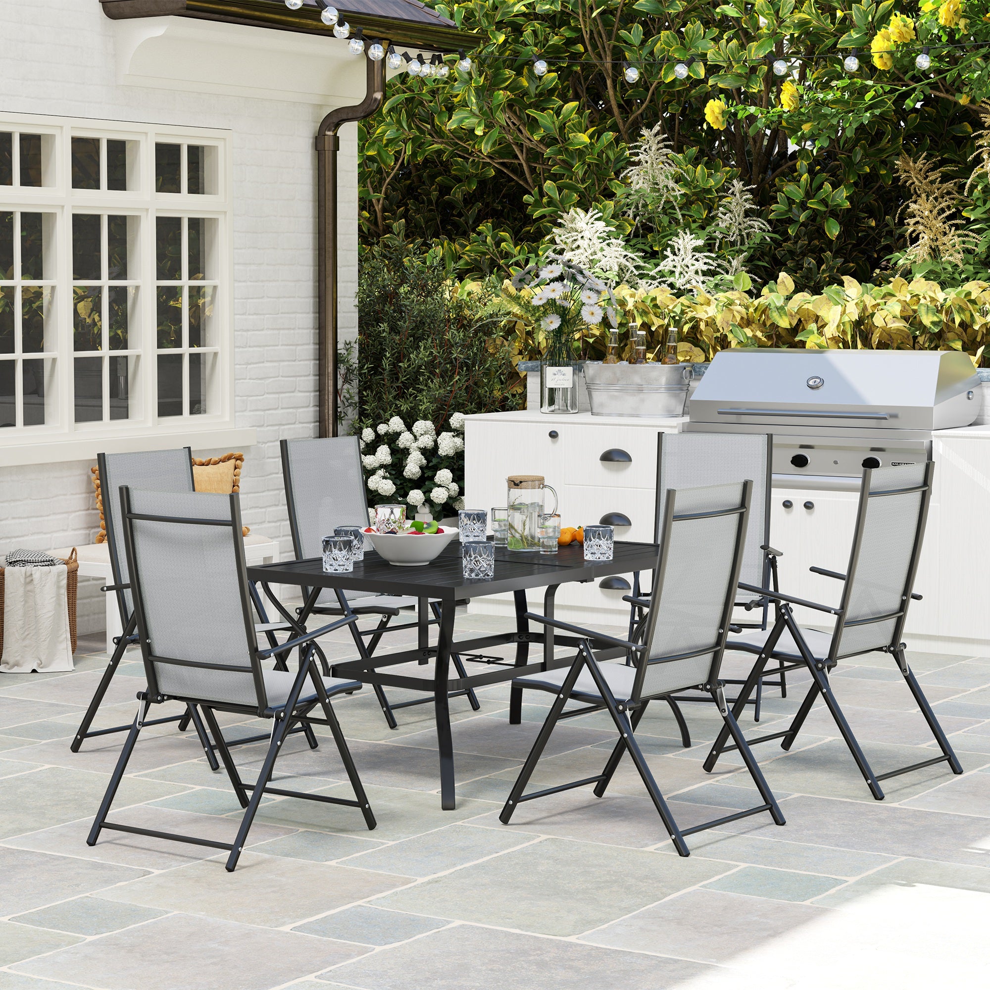 Outsunny Seven-Piece Steel Outdoor Dining Set, with Parasol Hole - Grey - North Peak Garden Furniture