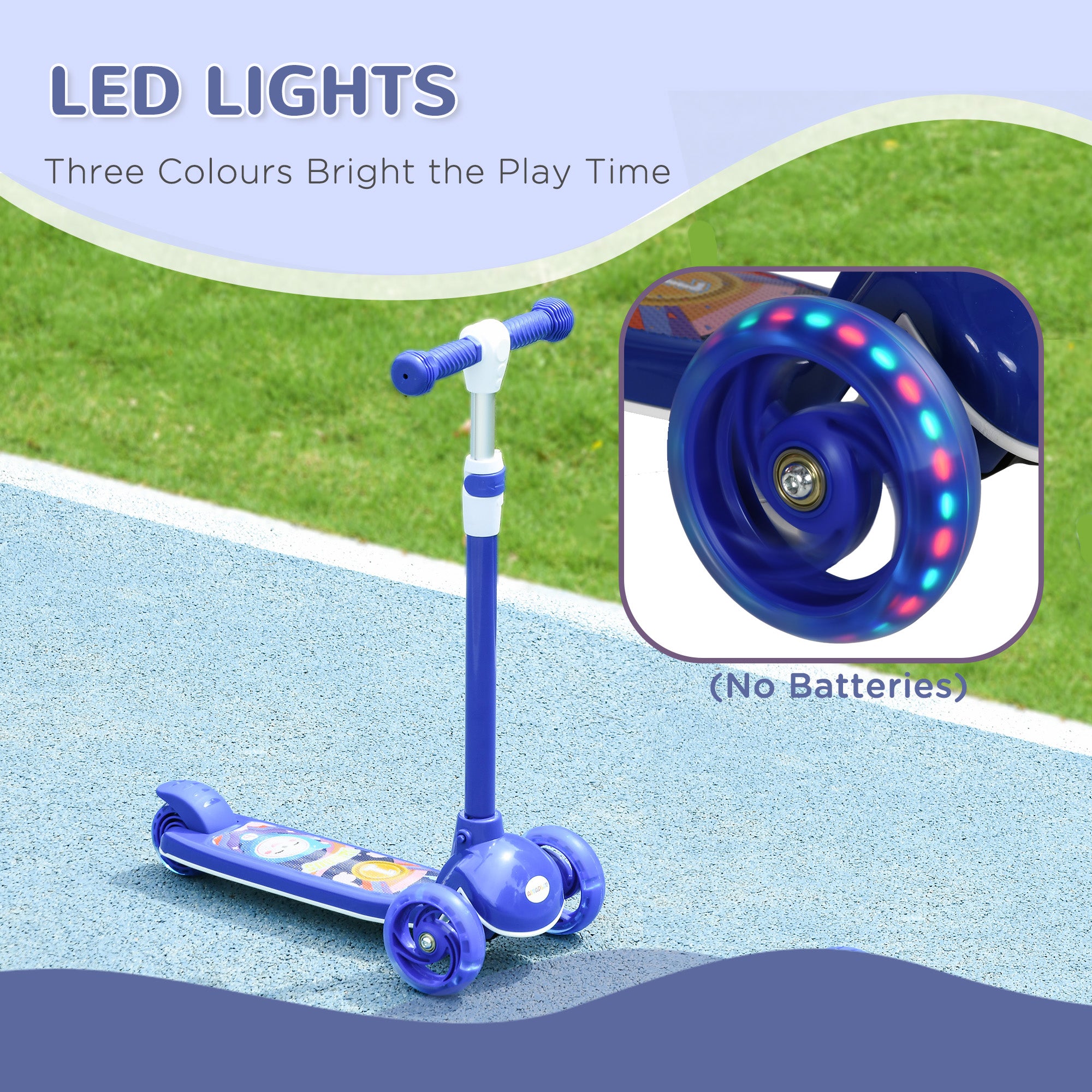 AIYAPLAY Kids 3 Wheel Scooter for 2-6 Years Old w/ Adjustable Height, LED Light, TPE Handlebar, Blue - North Peak Garden Furniture