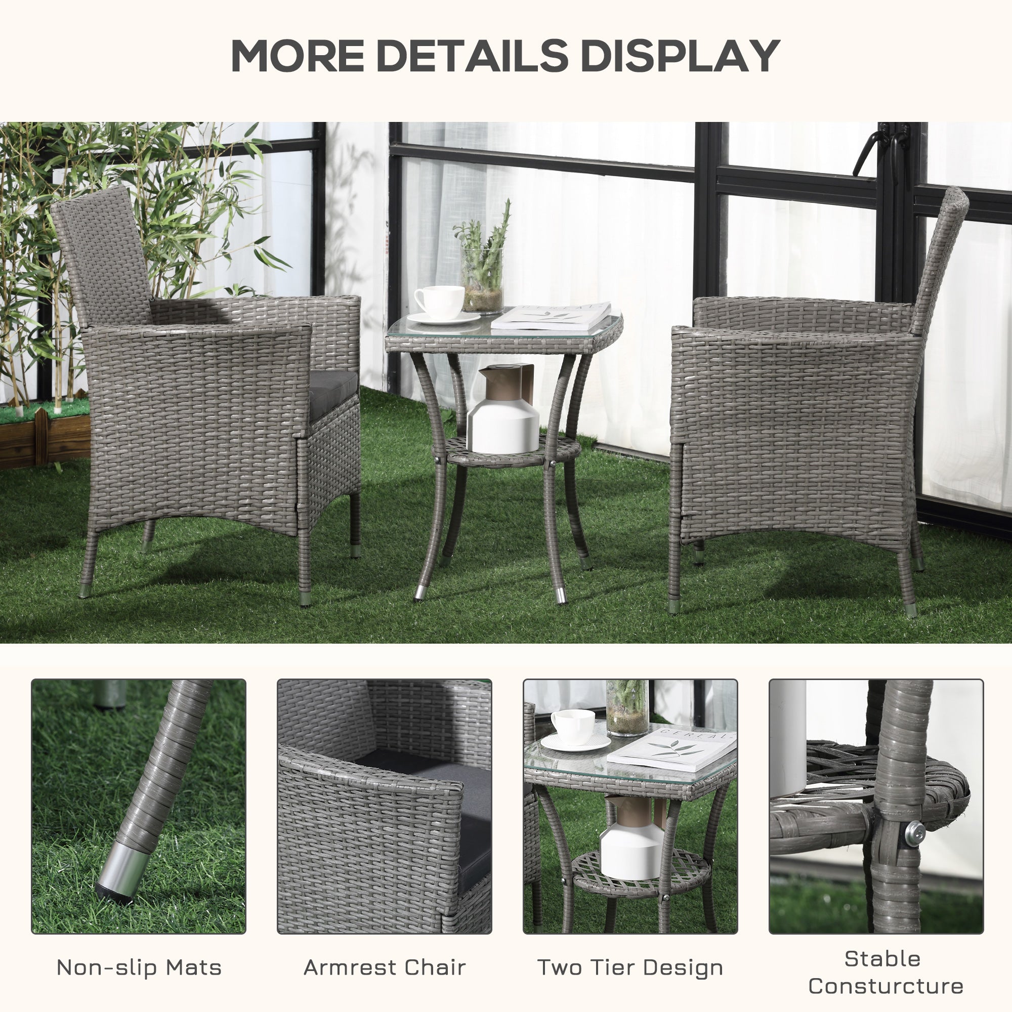 Outsunny 3 Pieces Rattan Bistro Set, Wicker Garden Furniture Set with 2-Tier Coffee Table and Chairs, Washable Cushions, for Outdoor Patio Balcony, Grey - North Peak Garden Furniture