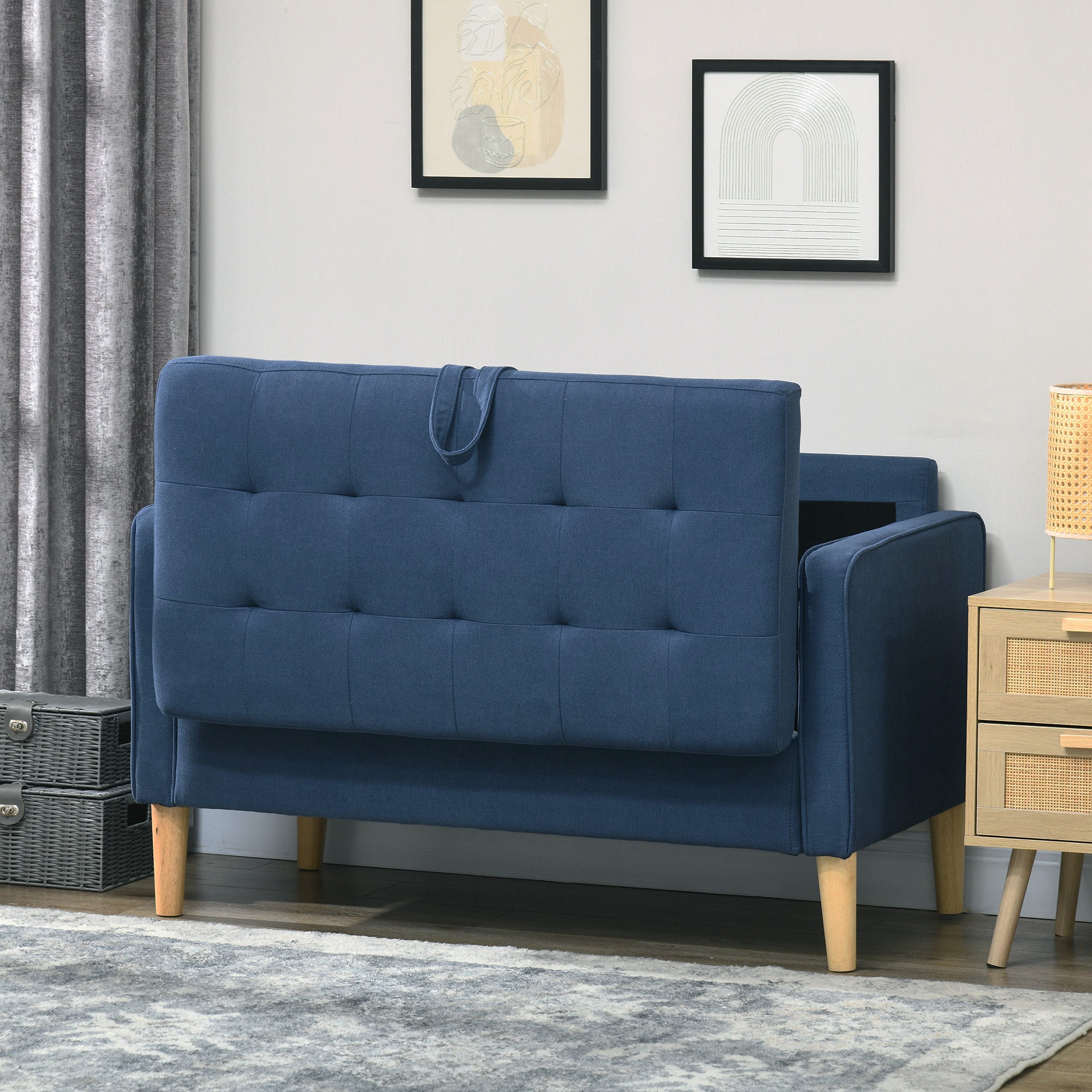 HOMCOM Modern Loveseat Sofa, Compact 2 Seater Sofa with Hidden Storage, 117cm Tufted Cotton Couch with Wood Legs, Blue - North Peak Garden Furniture