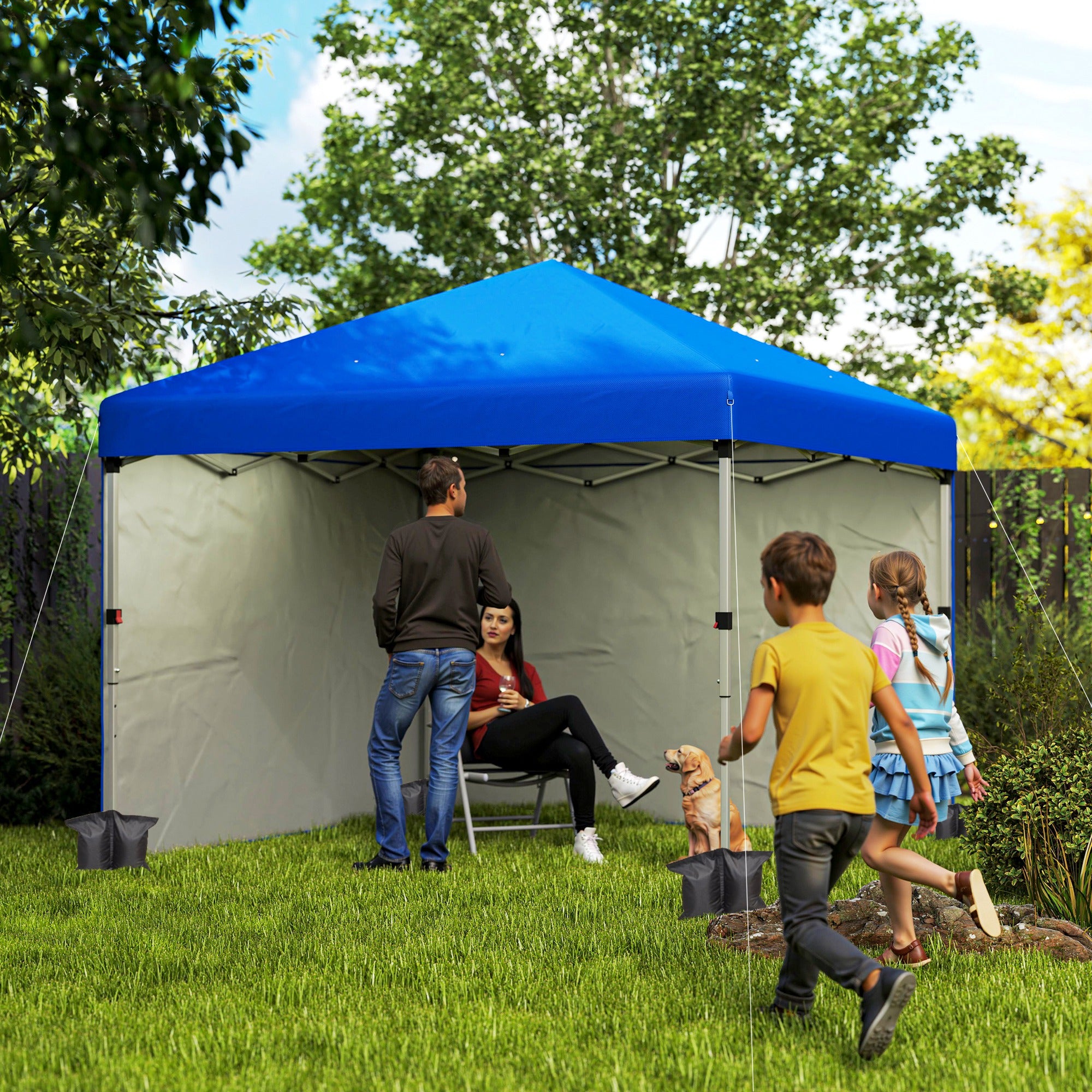 Outsunny 3 x 3 (M) Pop Up Gazebo, UPF 30+ with 2 Sidewalls, Leg Weight Bags and Wheeled Bag, Height Adjustable Party Tent Event Shelter for Garden, Patio, Blue - North Peak Garden Furniture