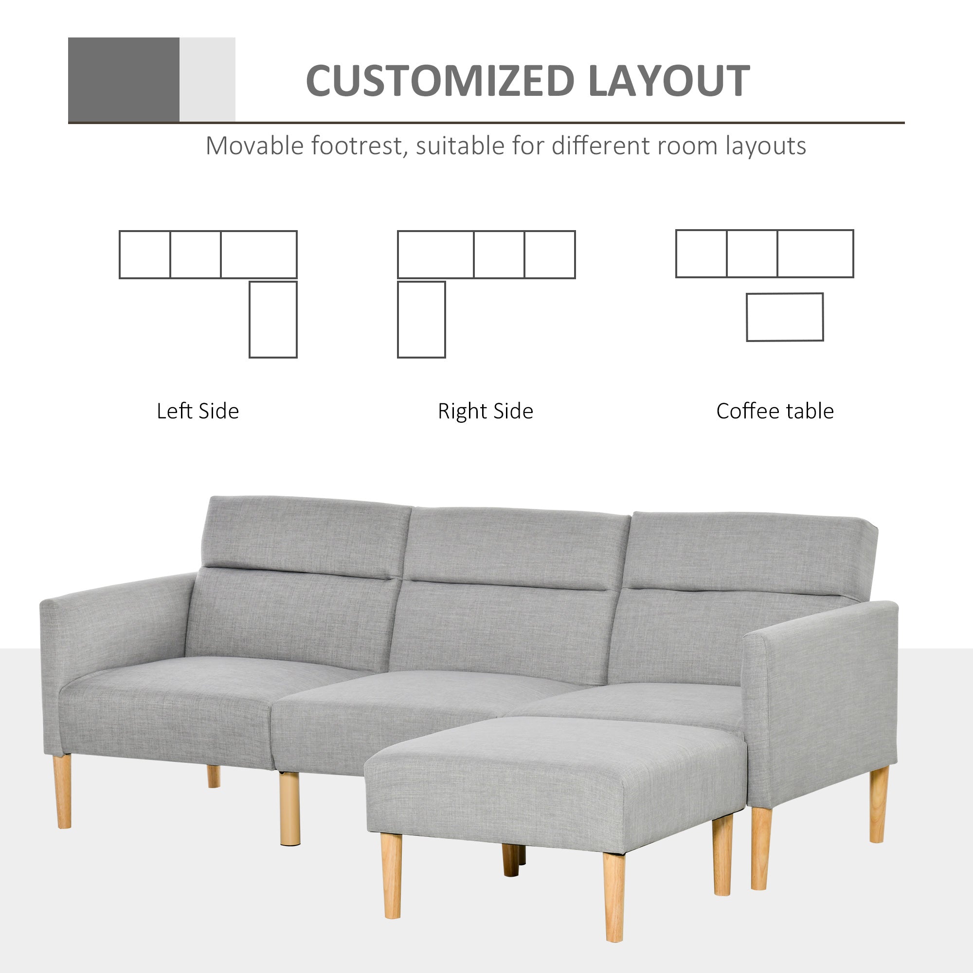 HOMCOM L Shape Sofa Bed Set, Linen Fabric Corner Sofa Bed with Rubber Wood Legs and Footstool, Light Grey - North Peak Garden Furniture
