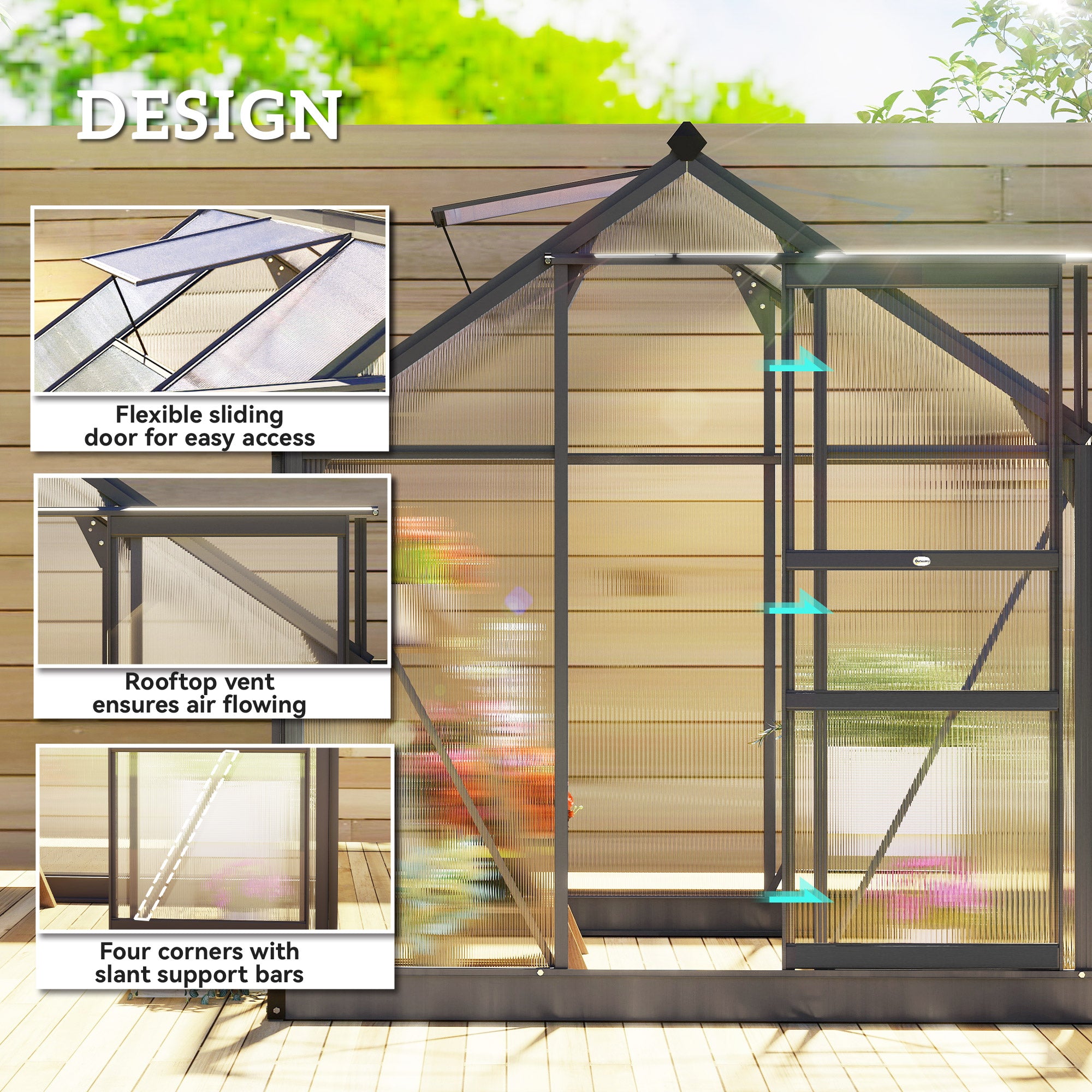 Outsunny 6 x 6ft Polycarbonate Greenhouse, Large Walk-In Green House with Slide Door and Window, Garden Plants Grow House with Aluminium Frame and Foundation, Grey