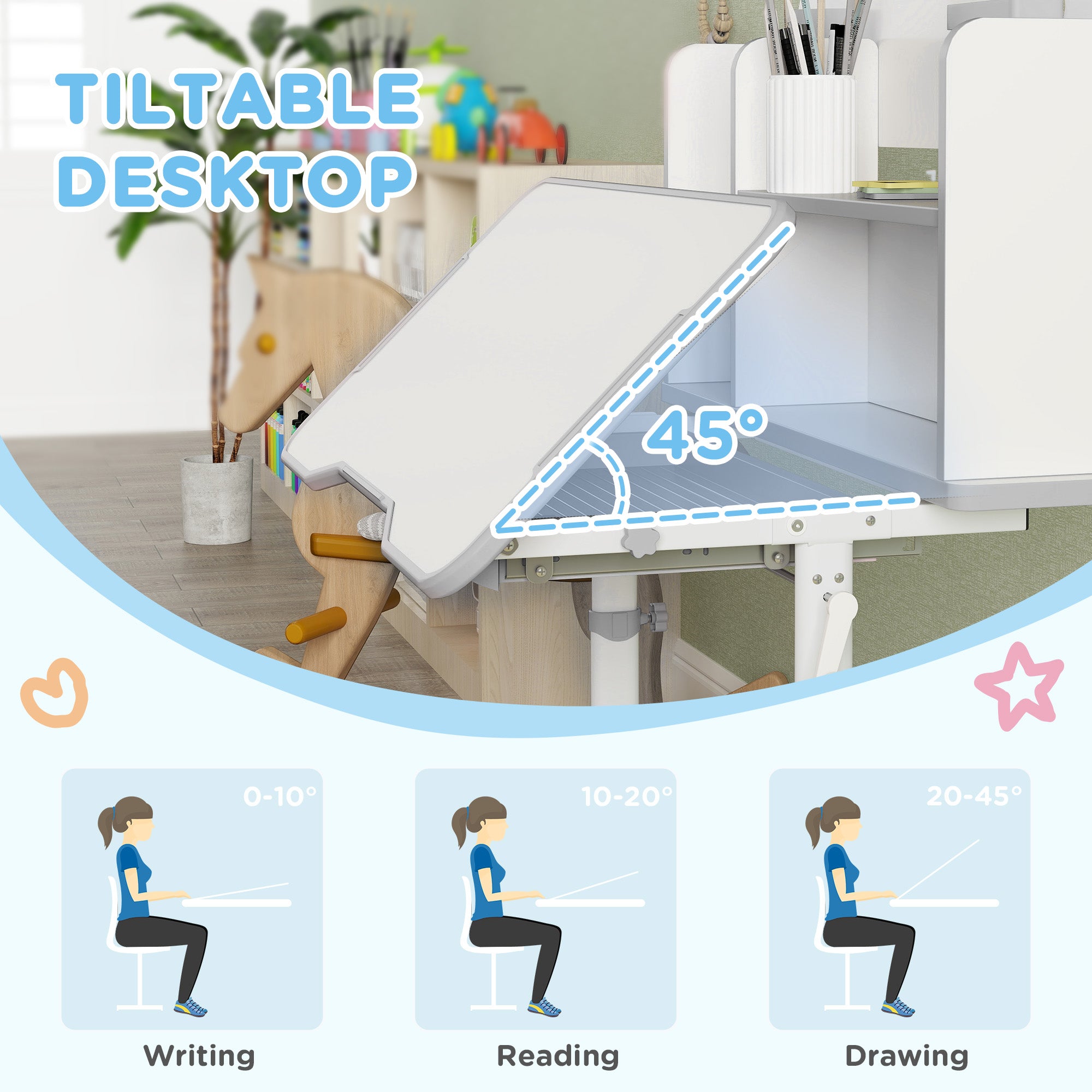 AIYAPLAY Height Adjustable Kids Desk and Chair Set, Children School Study Desk with Tiltable Desktop, Reading Rack, Grey